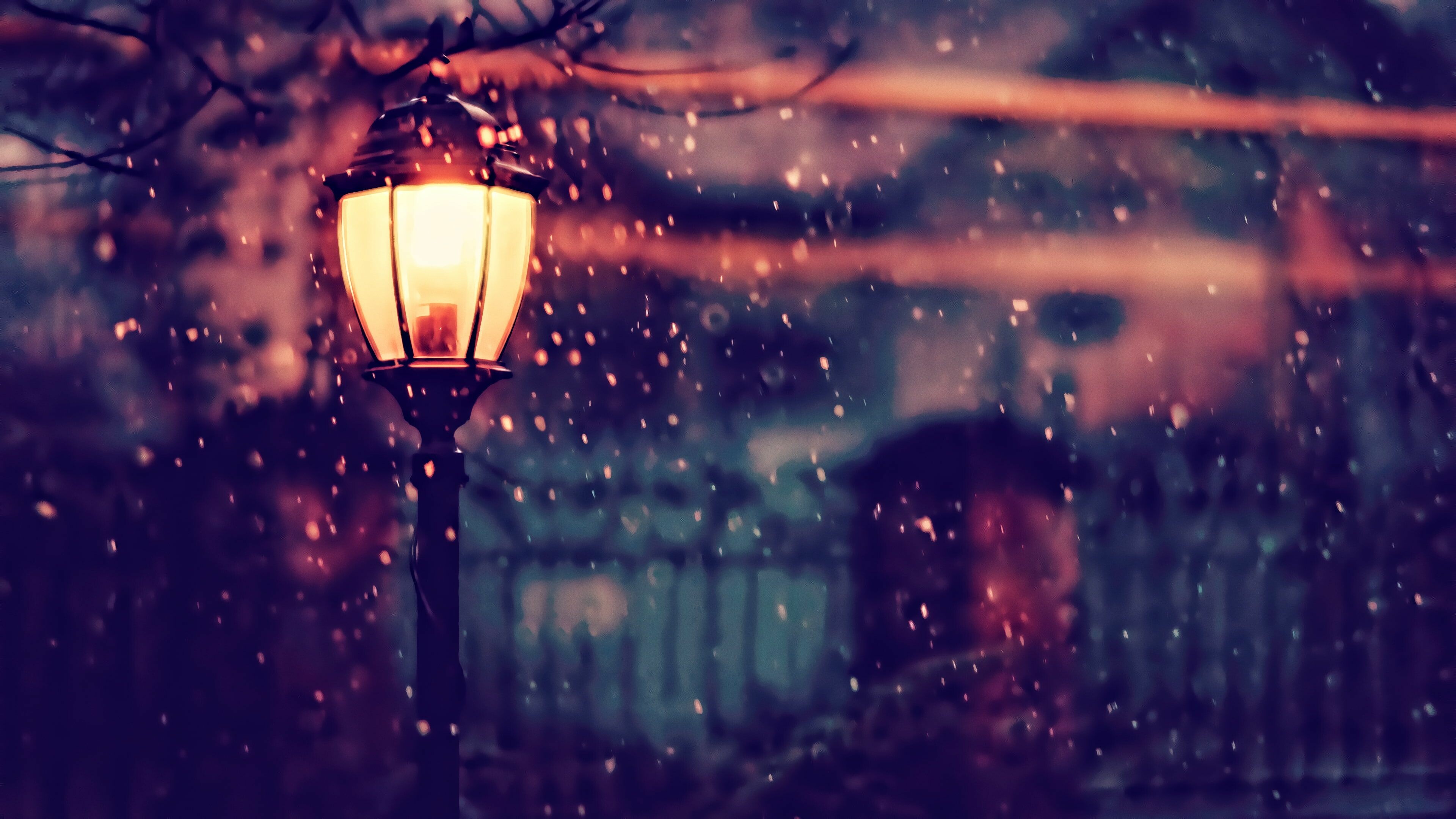 Depth of field, Snow street light, Warm winter, Street lamp, 3840x2160 4K Desktop