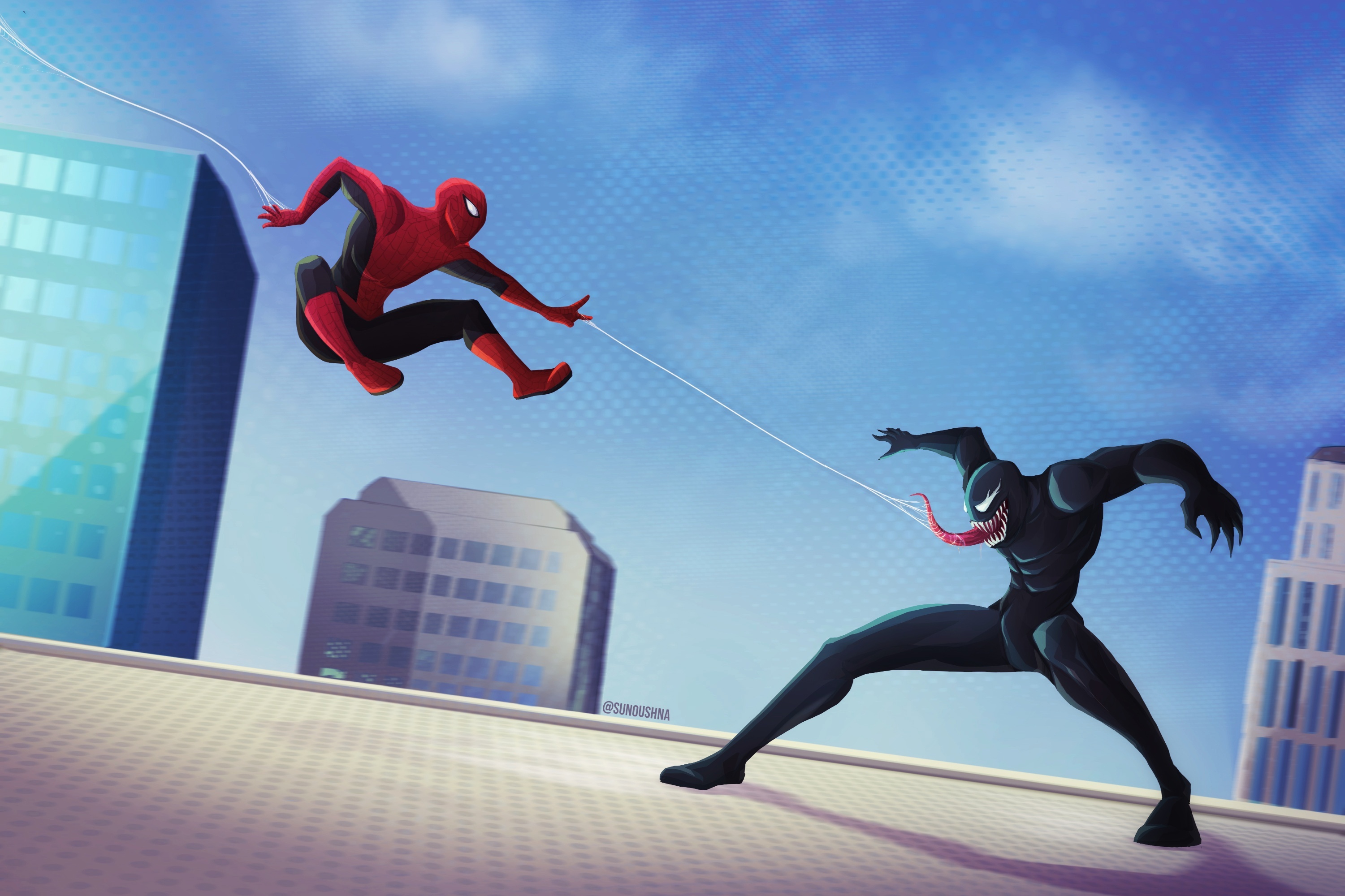 Spider-Man in mid-air, Venom symbiote, Skyscraper rooftop, HD Desktop wallpaper