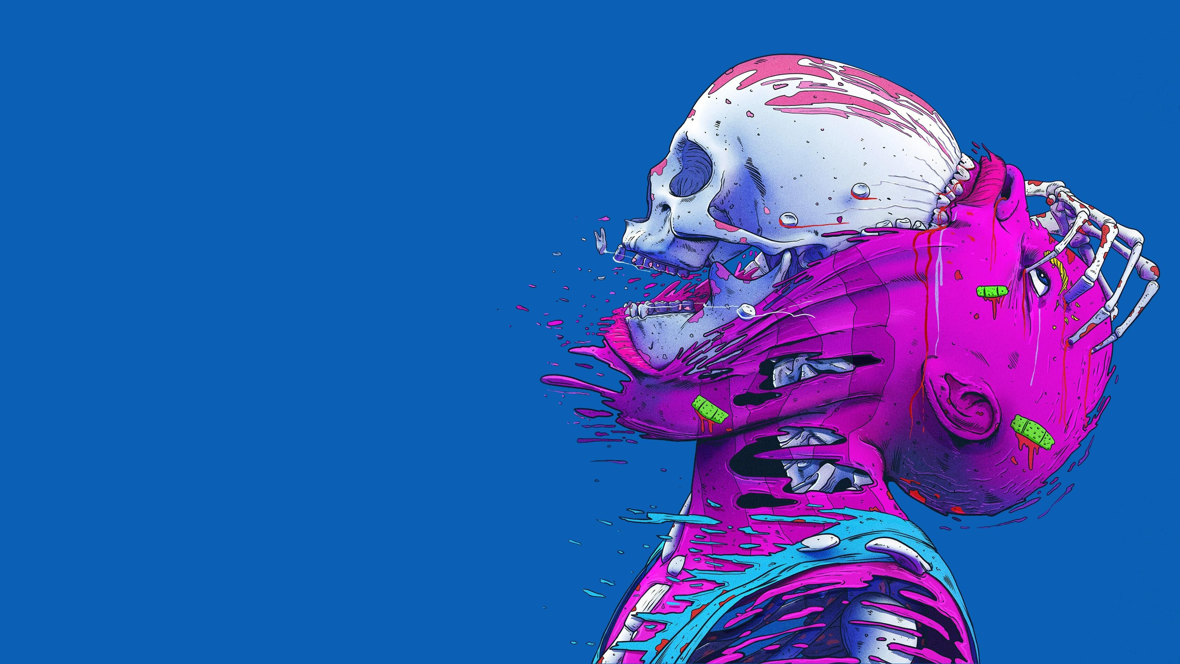 Melting skeleton bust, Pink cyan glitch smears, Flat blue field, 4K Desktop wallpaper