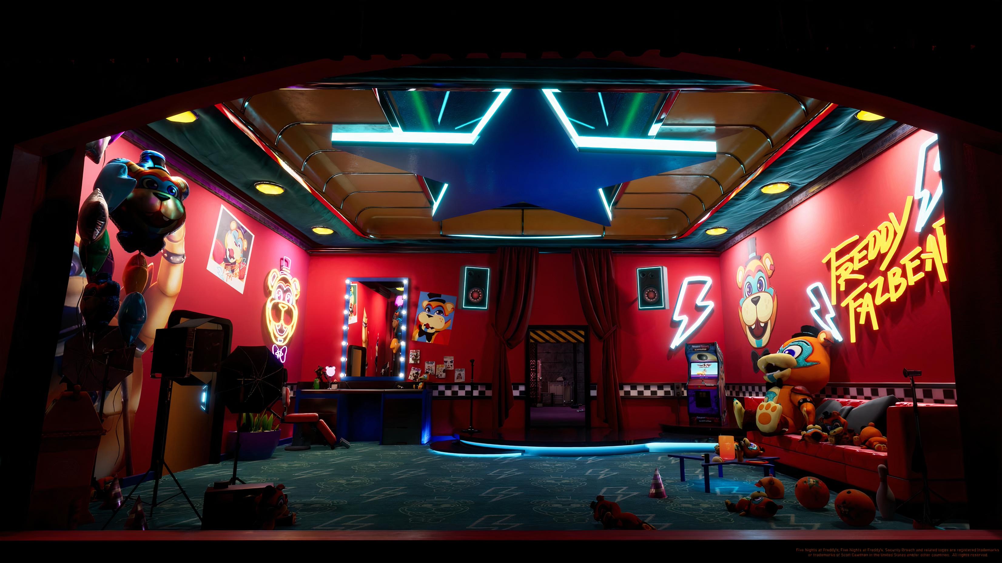 Glamrock Freddy green room, Freddy Fazbear neon sign, Glamrock Chica plush, Five Nights at Freddy's: Security Breach, HD Desktop wallpaper