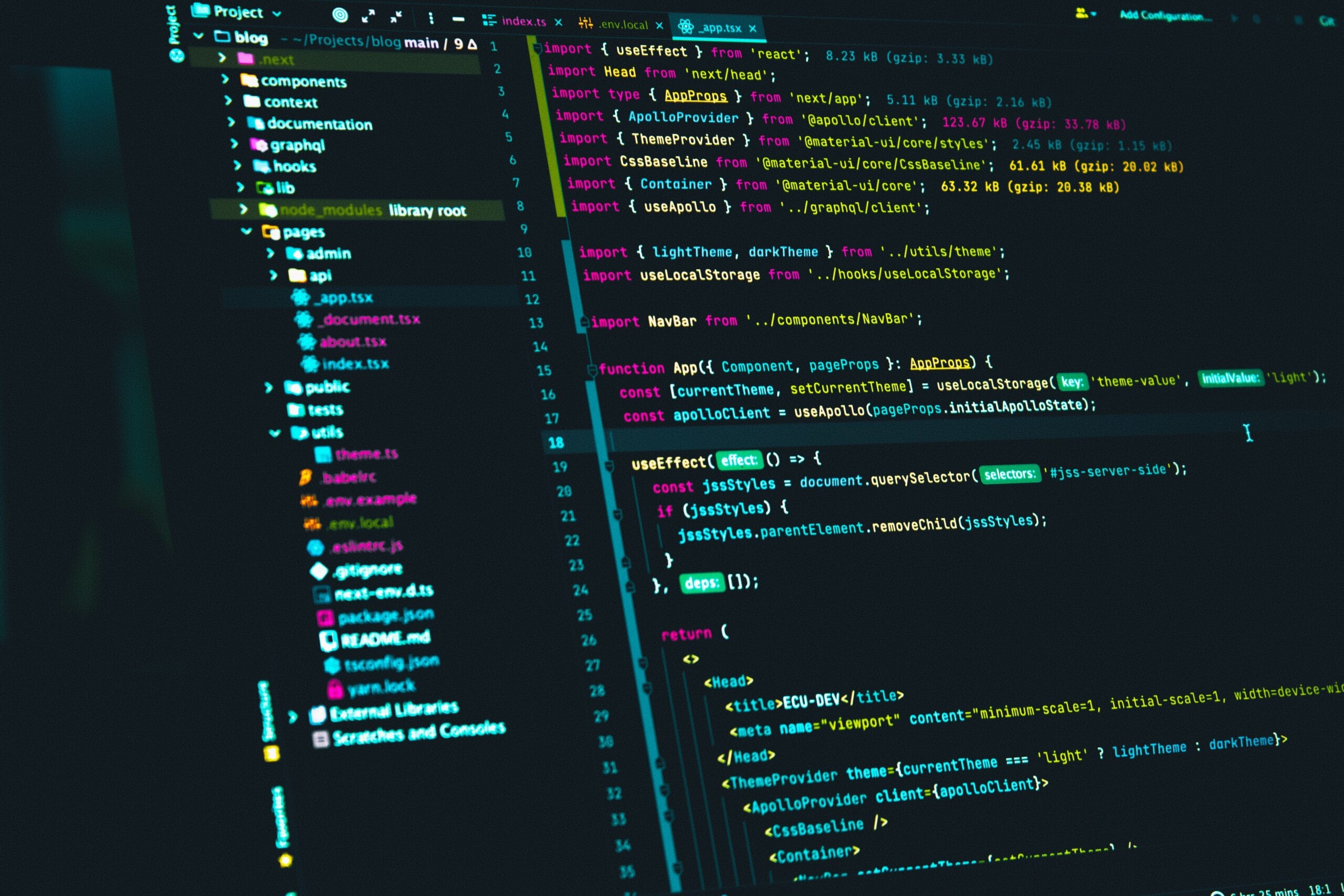 React TypeScript source code, JetBrains IDE interface, illuminated computer monitor, HD Desktop wallpaper