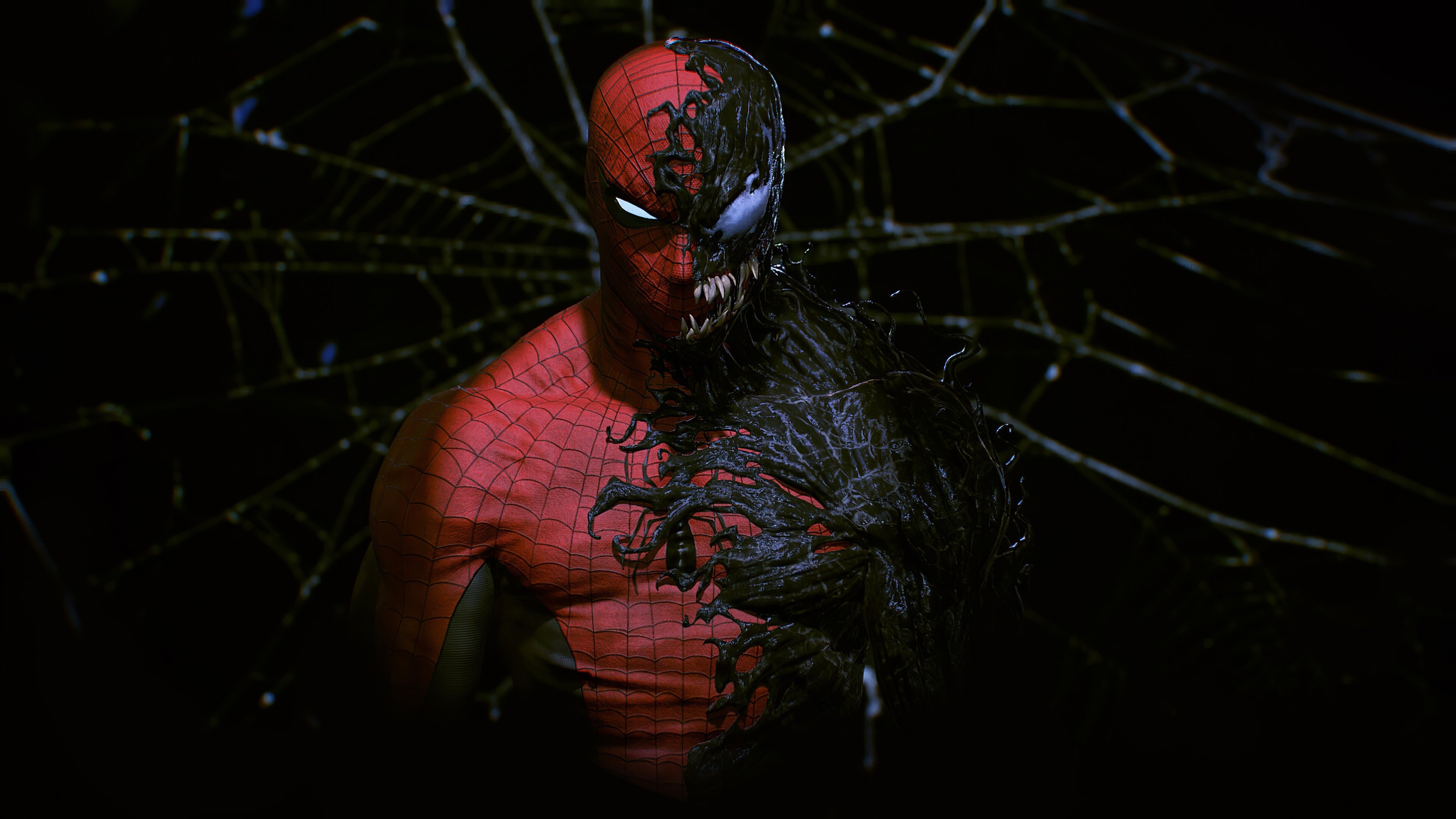 Spider-Man, Venom symbiote, Dark spiderweb background, 4K Desktop wallpaper