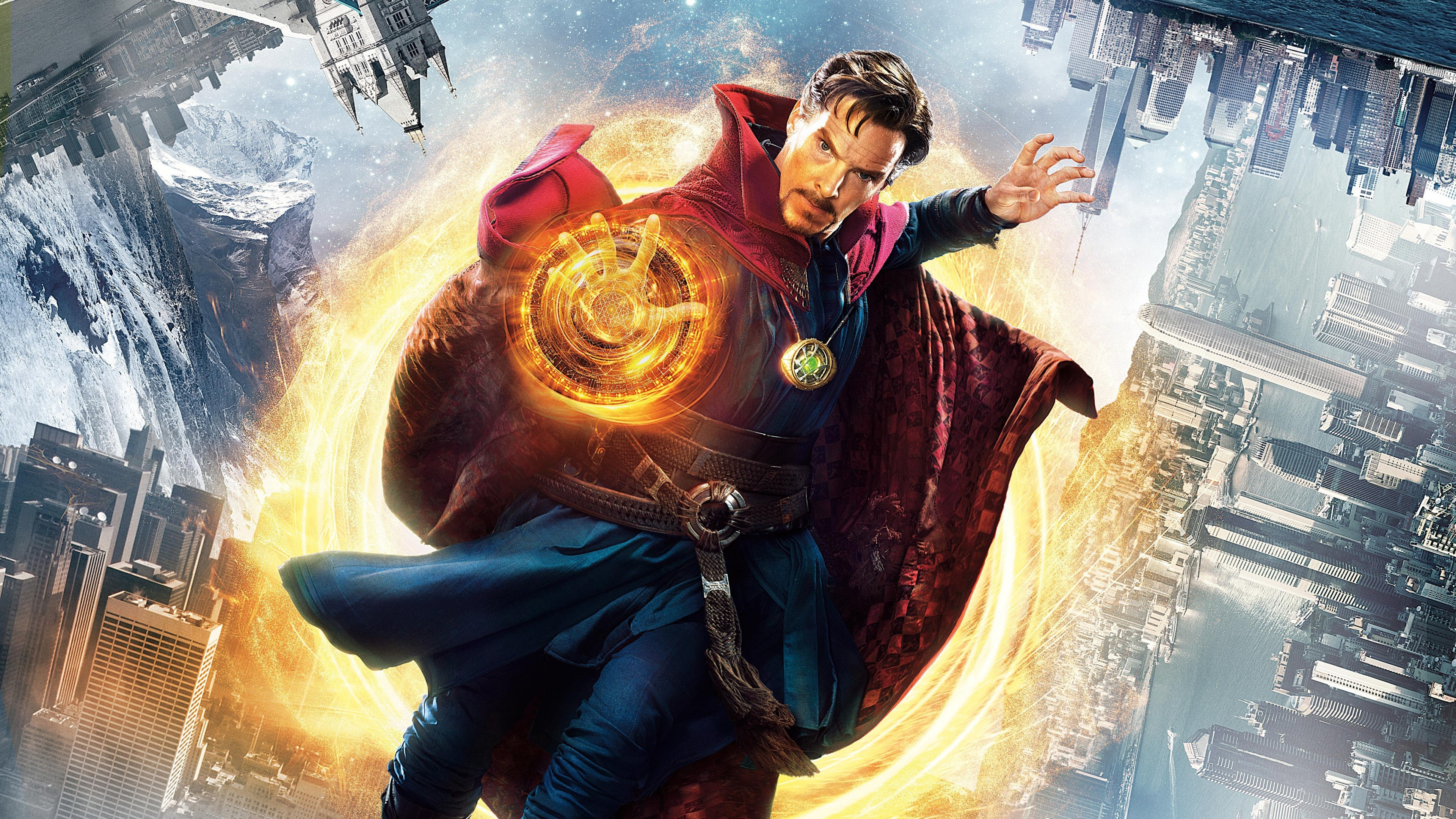 Doctor Strange, Benedict Cumberbatch, Magic cape, Fire destruction, 3840x2160 4K Desktop