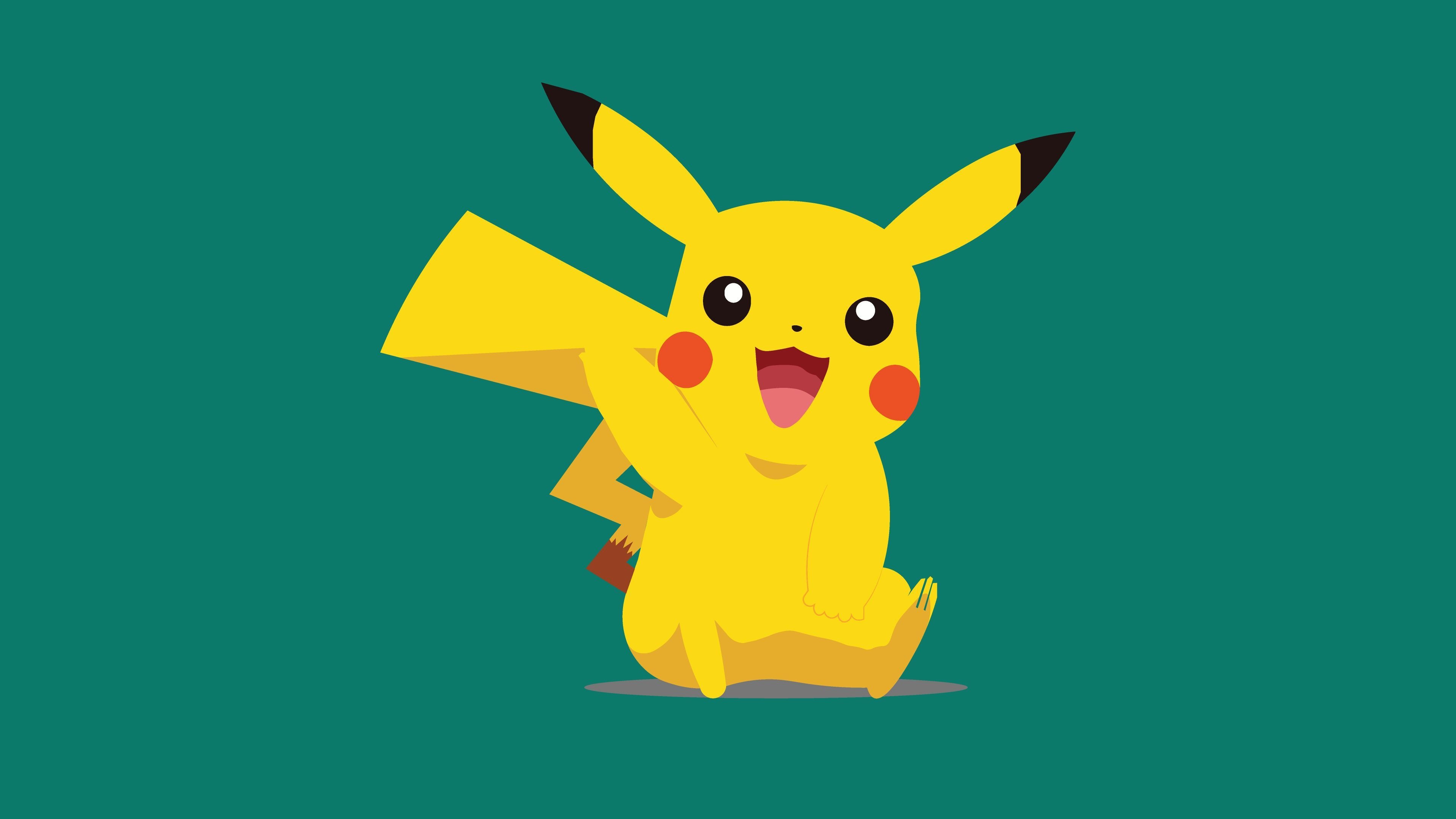 Pikachu, lightning bolt tail, teal solid background, 4K Desktop wallpaper