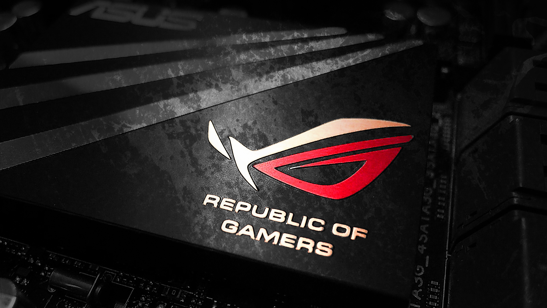 ASUS Republic of Gamers motherboard heatsink, Republic of Gamers lettering, Black heatsink shroud closeup, Full HD Desktop wallpaper