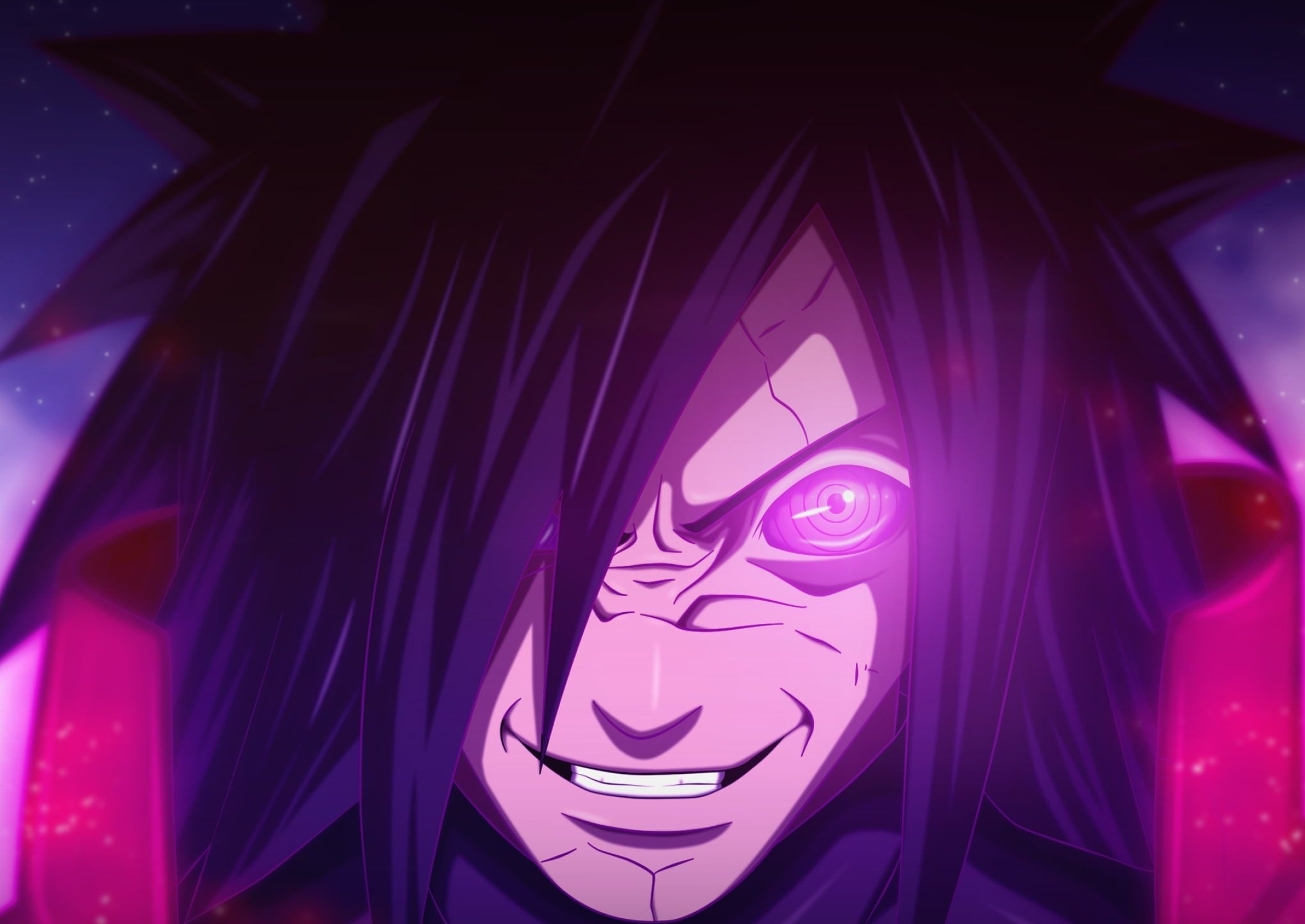 Madara Uchiha, Glowing Rinnegan, Purple chakra glow, HD Desktop wallpaper