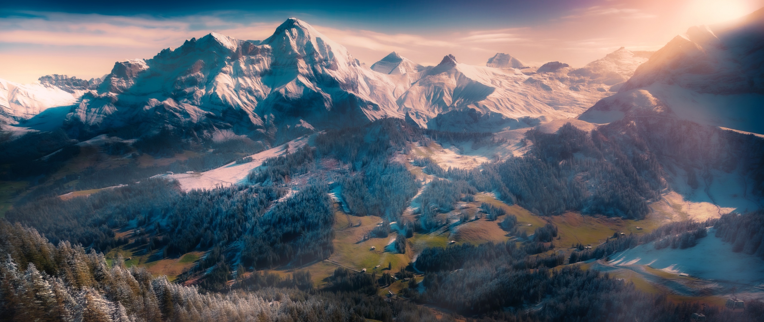 Swiss Alps mountain peaks, Alpine valley pine forest, Golden sunrise mountain glow, Dual Screen Desktop wallpaper