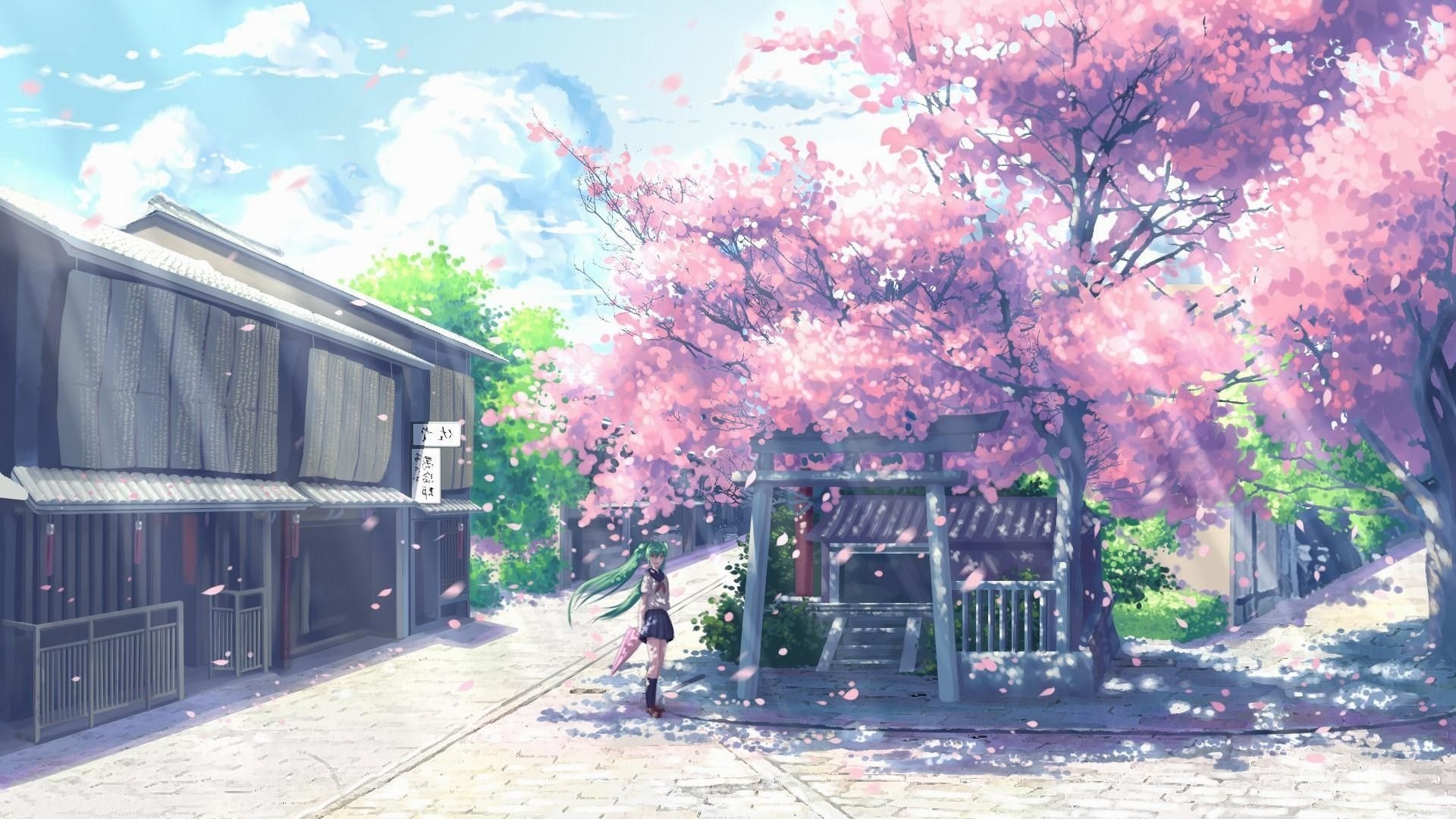 Blooming cherry blossom trees, Green-haired anime schoolgirl, Traditional Japanese stone torii, Full HD Desktop wallpaper