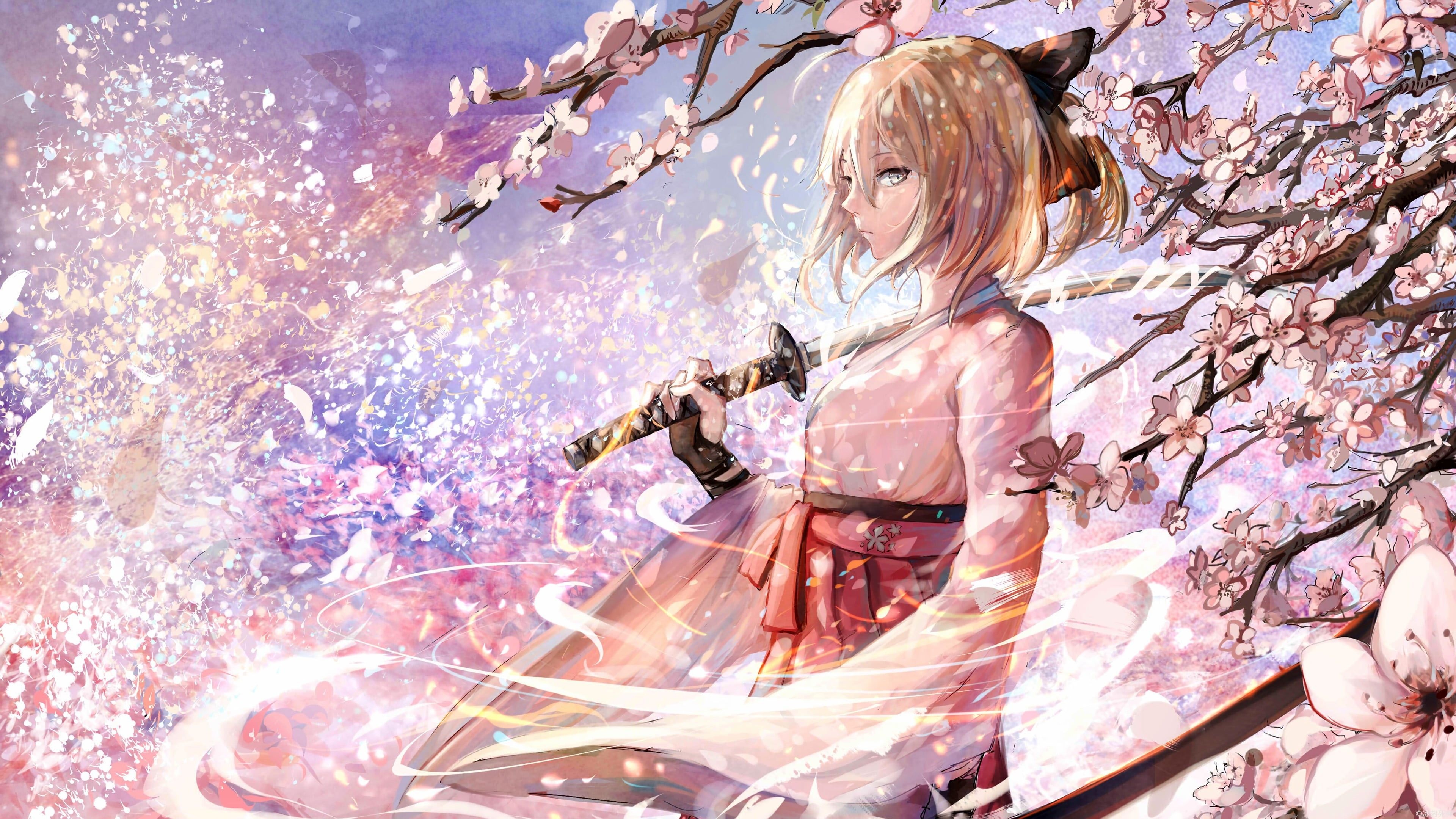 Blonde anime swordswoman, Blooming cherry blossom tree, Katana sword, 4K Desktop wallpaper