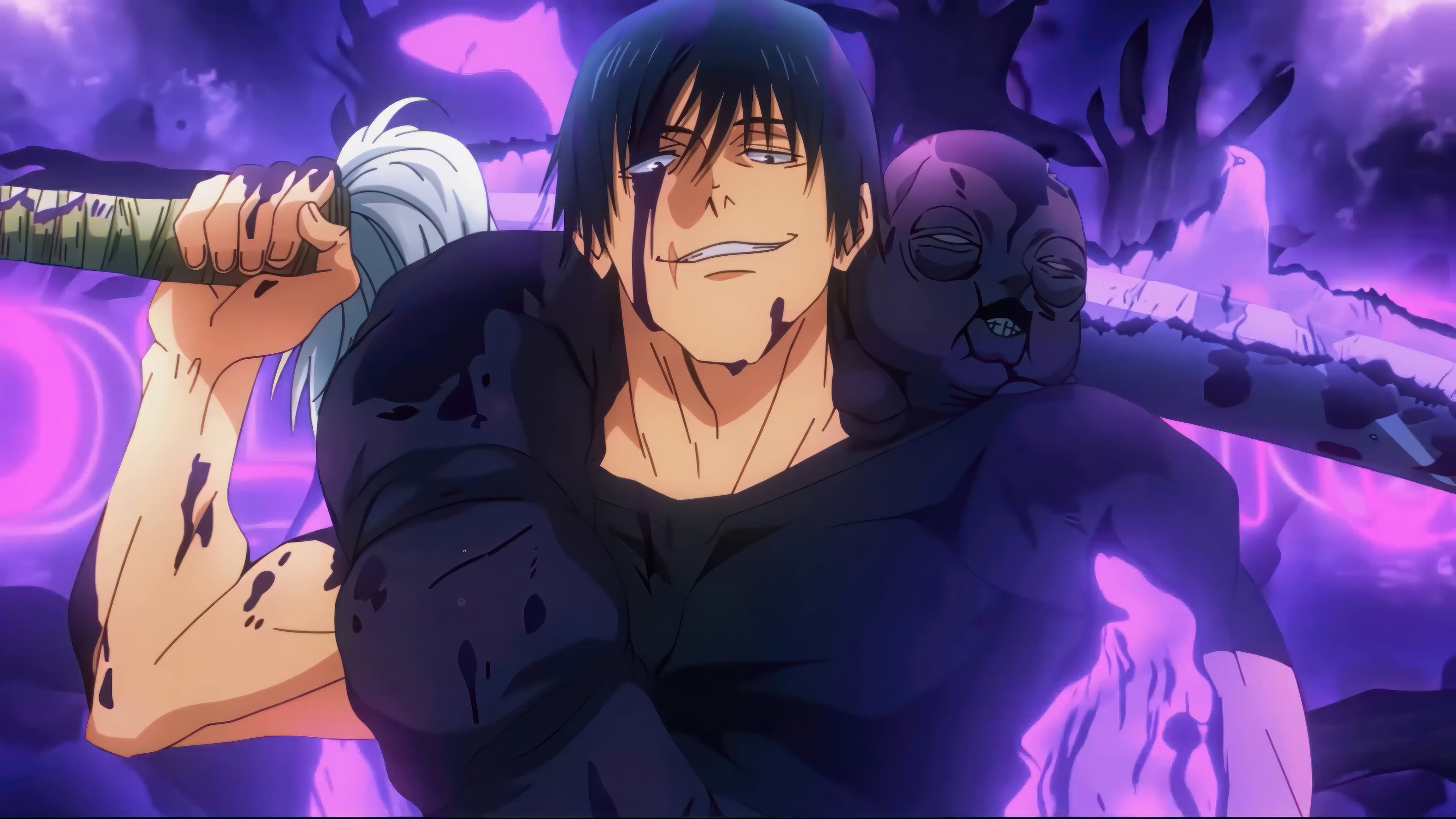 Toji, Split Soul Katana, Blood-splattered smirk, Purple cursed light, 4K Desktop wallpaper