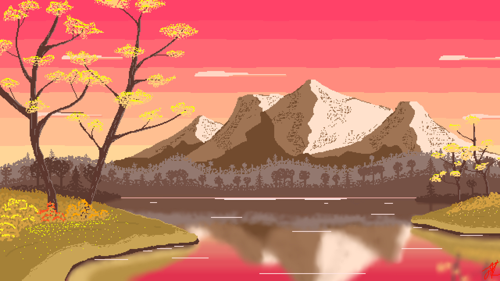 snow-capped pixel mountains, reflective mountain lake, pink sunset sky, Full HD Desktop wallpaper