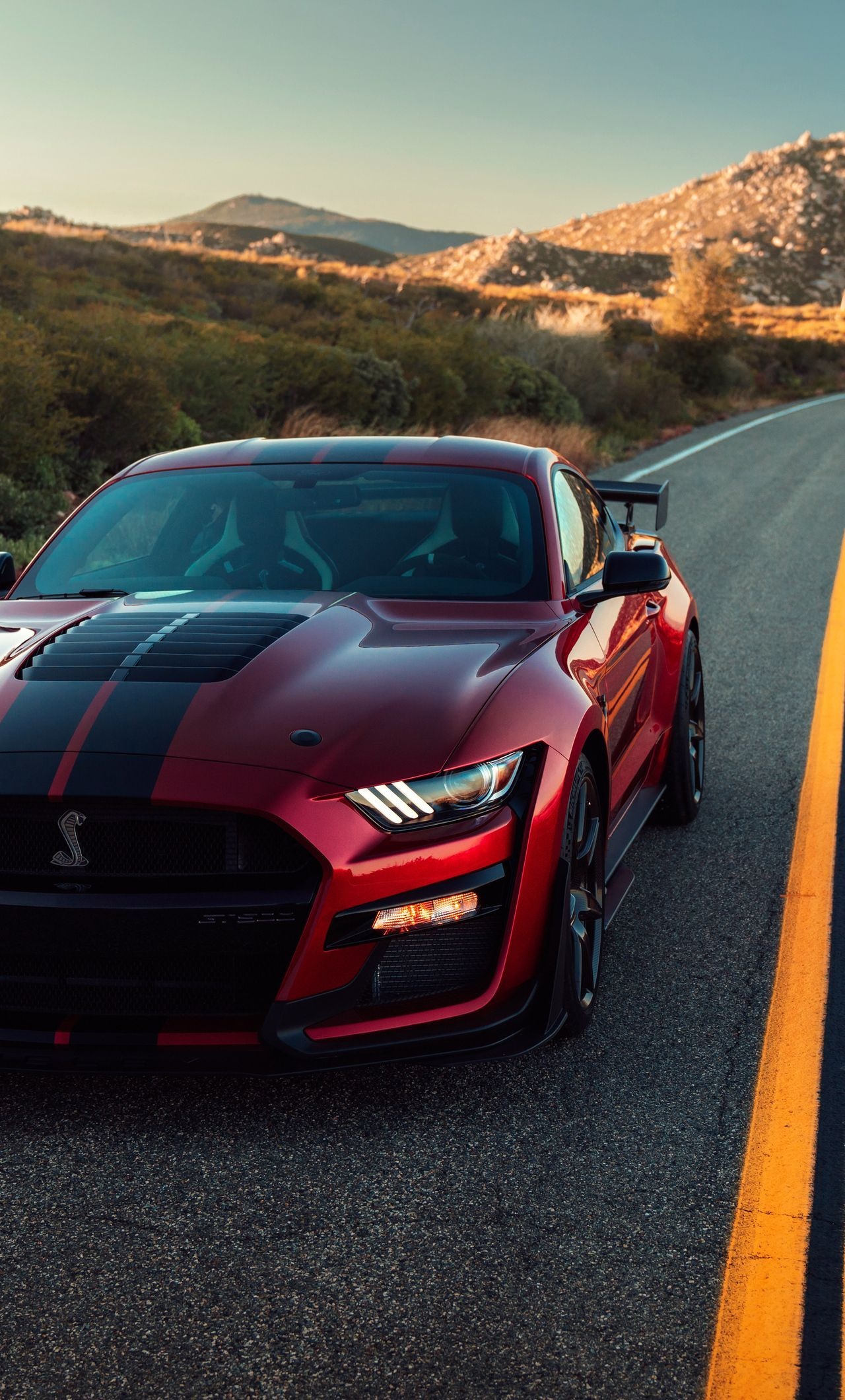 Ford Mustang Shelby GT500, Winding mountain road, Black racing stripes, HD Phone wallpaper