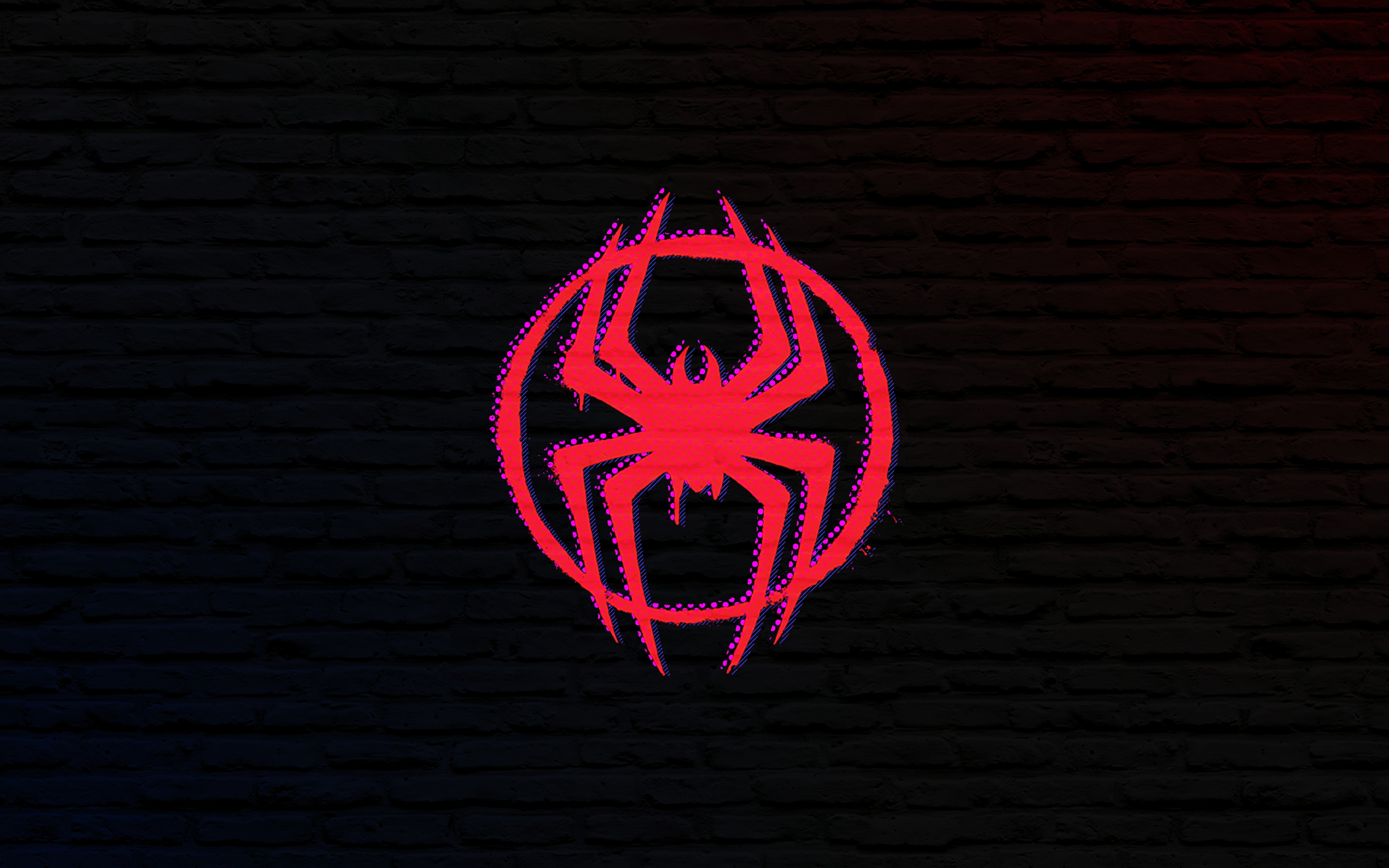 Into the Spider-Verse, Miles Morales, Spider-Man, Spray-painted spider emblem, Black brick wall, Neon red lighting, 4K Desktop wallpaper