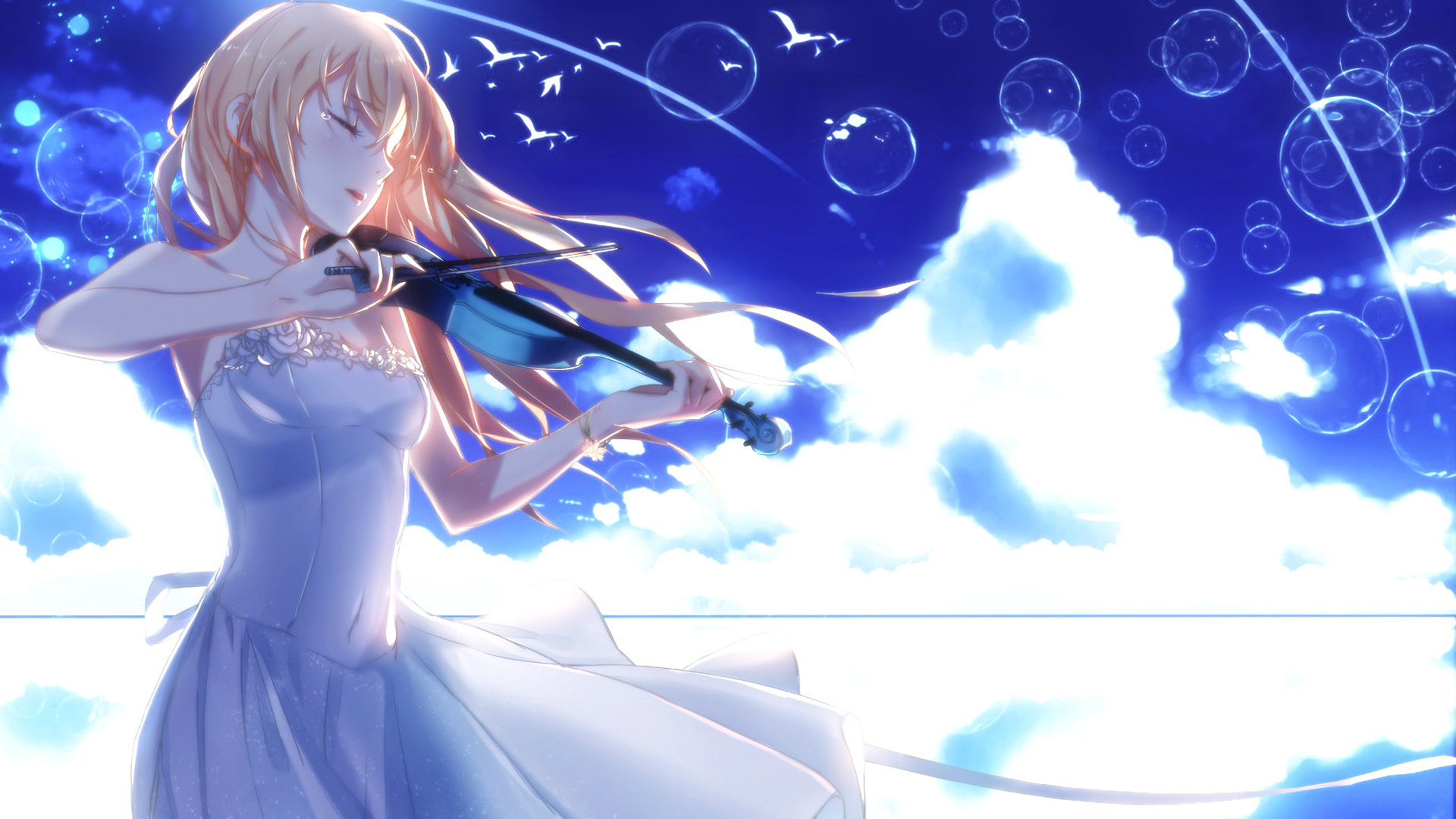 Kaori Miyazono, Violin performance, Floating soap bubbles, Full HD Desktop wallpaper
