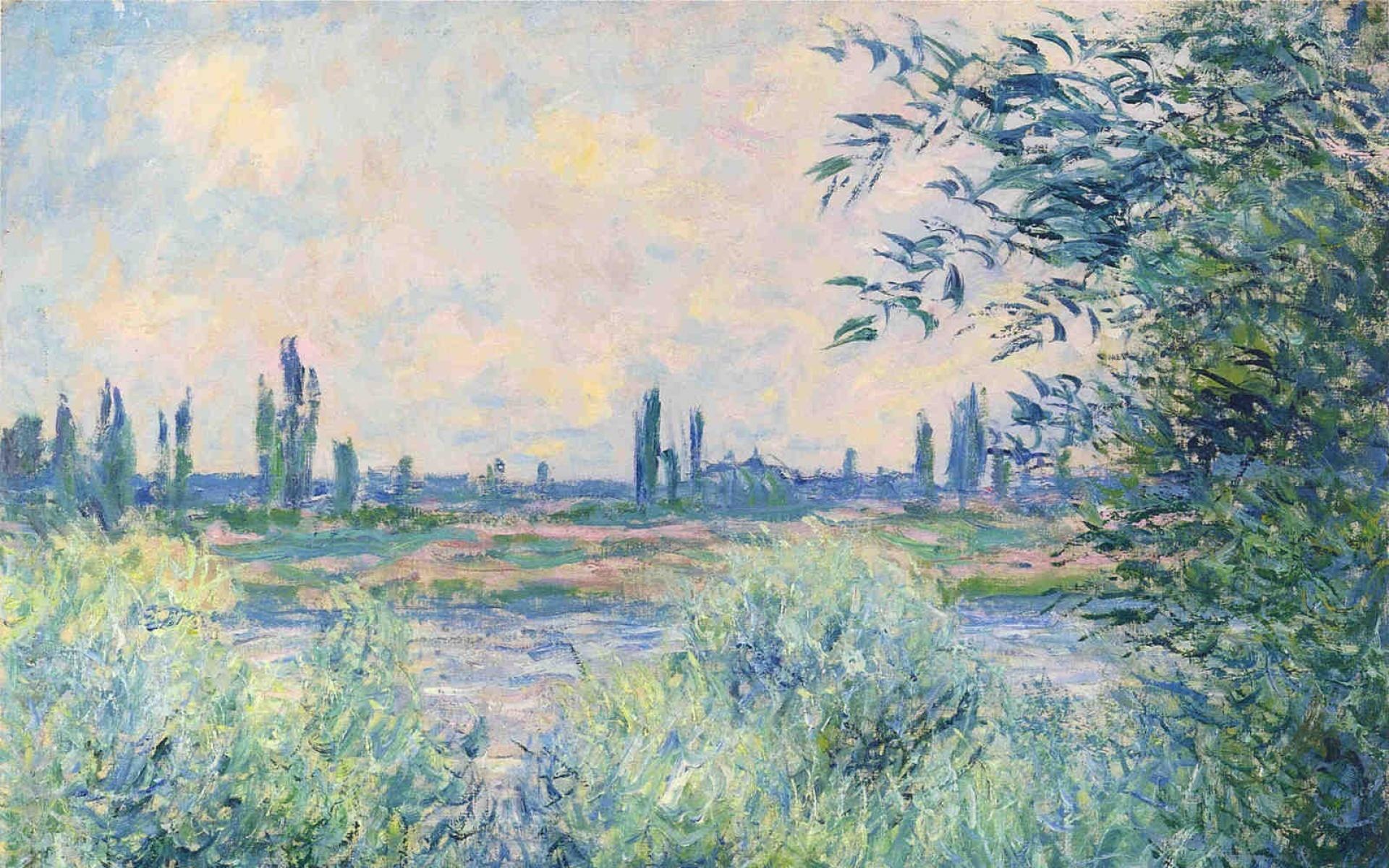The Seine by Claude Monet, distant poplar trees, overhanging willow foliage, HD Desktop wallpaper