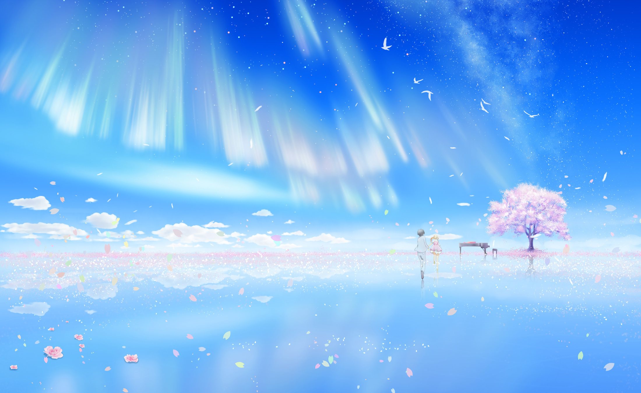 Kousei Arima and Kaori Miyazono, Grand piano by cherry blossom tree, Reflective water surface with sakura petals, HD Desktop wallpaper