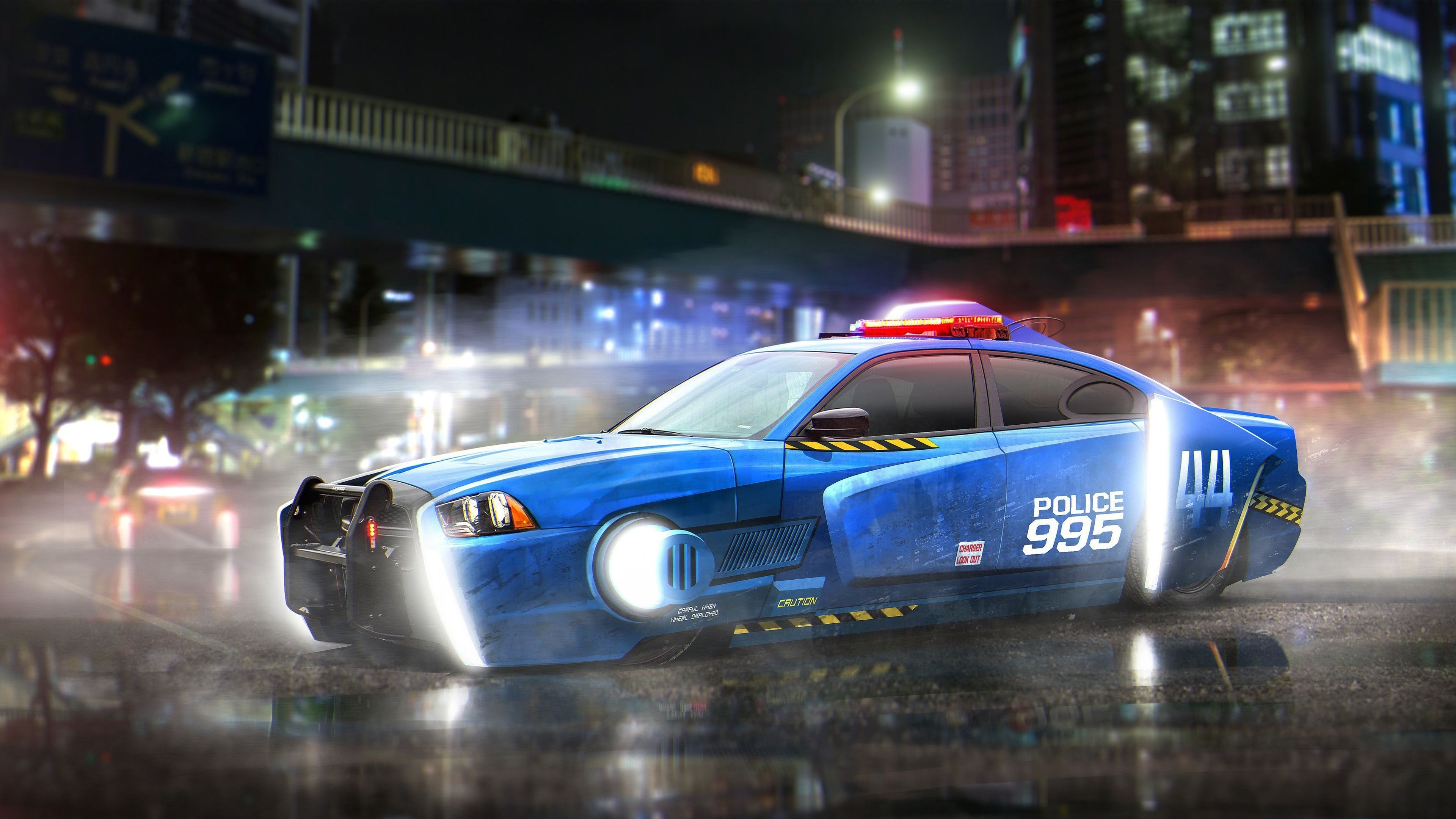 Futuristic Dodge Charger cruiser, Glowing hover wheel thrusters, Wet night city street, 4K Desktop wallpaper