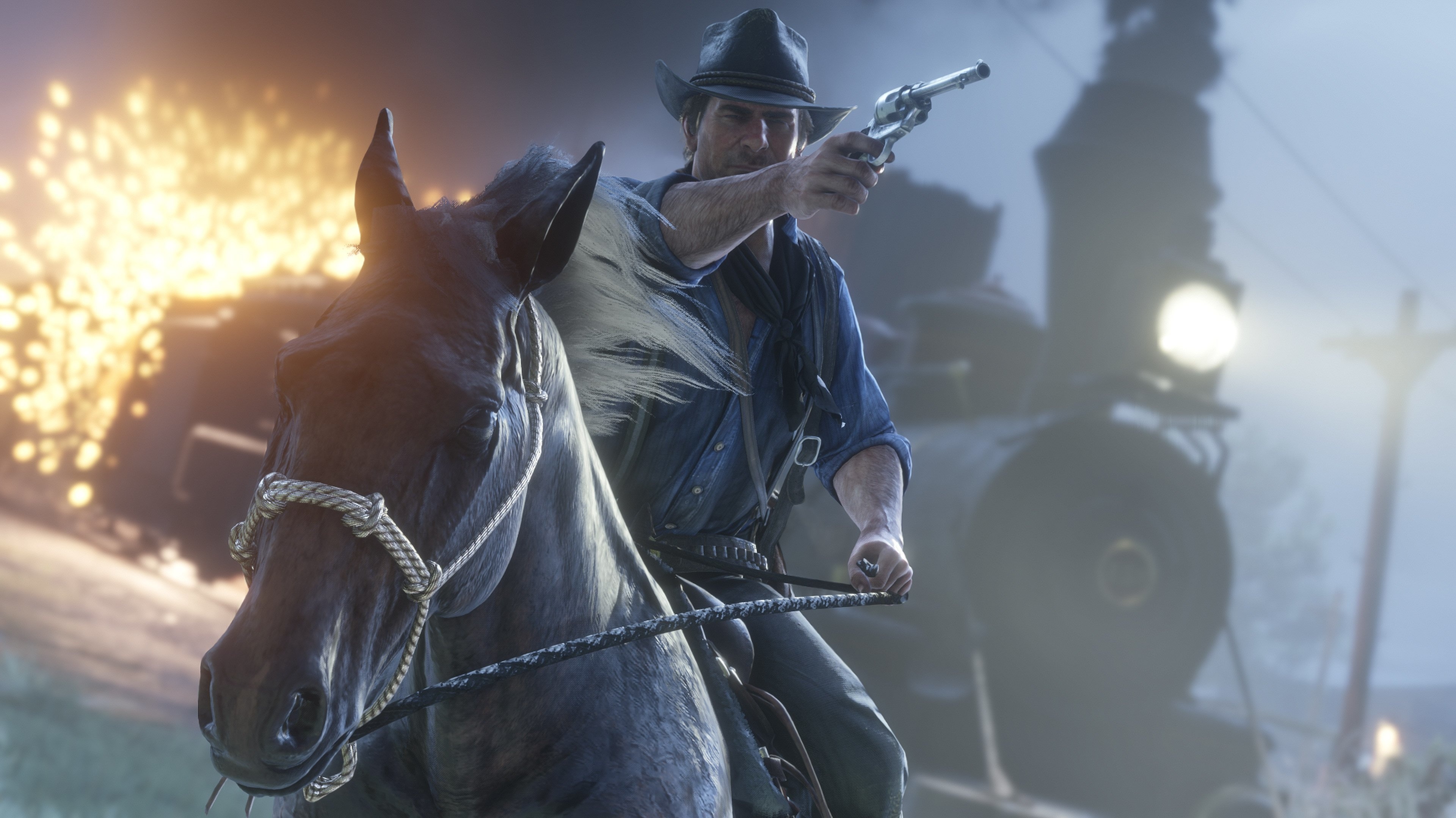 Arthur Morgan, galloping horse, steam locomotive, 4K Desktop wallpaper