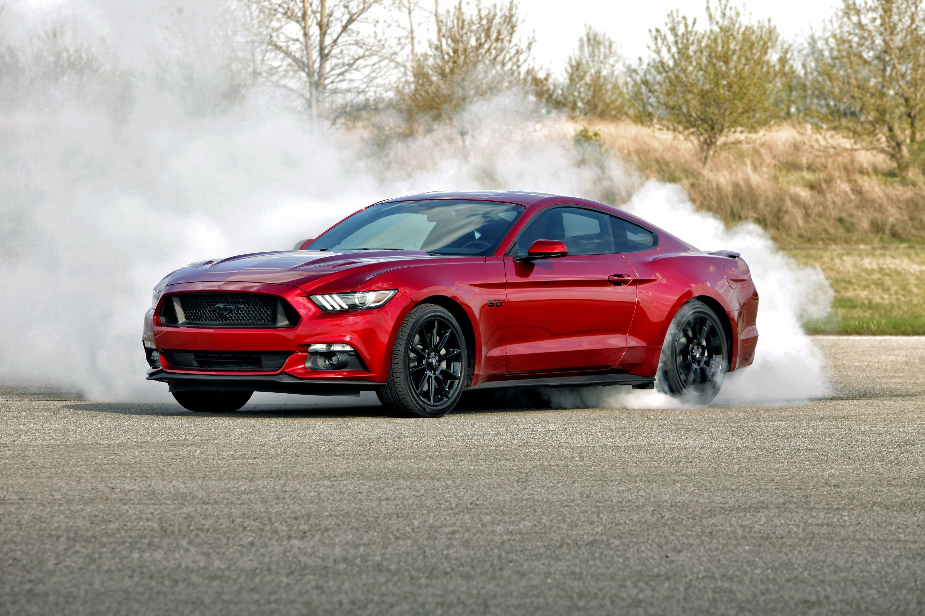 2015 Ford Mustang GT, Tire smoke burnout, Asphalt test track, HD Desktop wallpaper