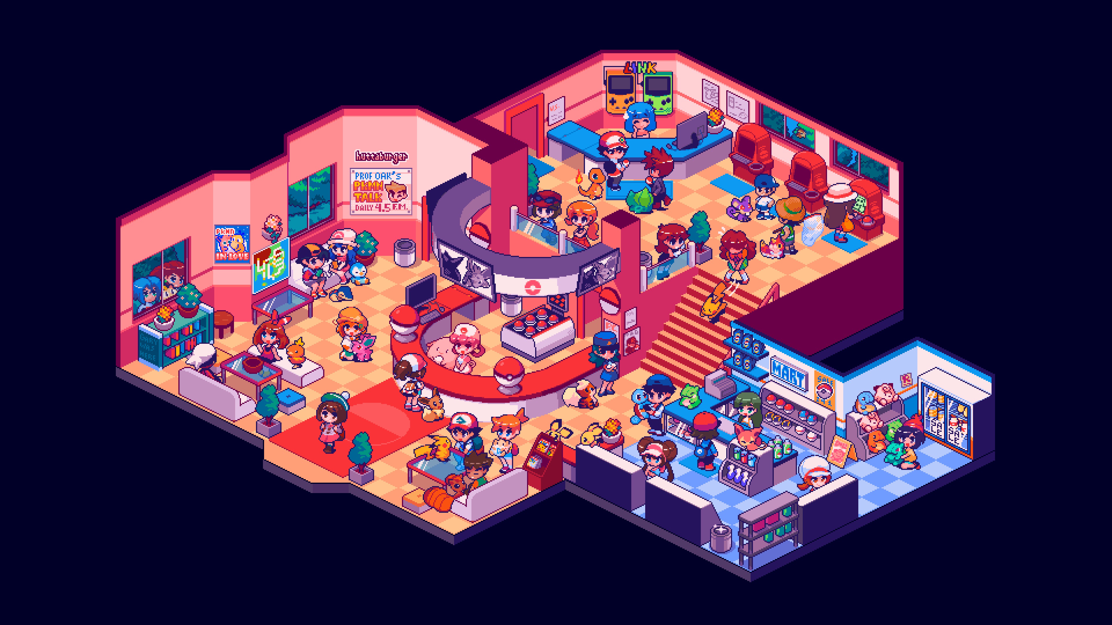 Pikachu, Chansey, Charmander, Bulbasaur, Squirtle, Eevee, Torchic, Piplup, Ash, Misty, Brock, Nurse Joy, Officer Jenny, Pokemon Center interior, Isometric pixel art, 4K Desktop wallpaper
