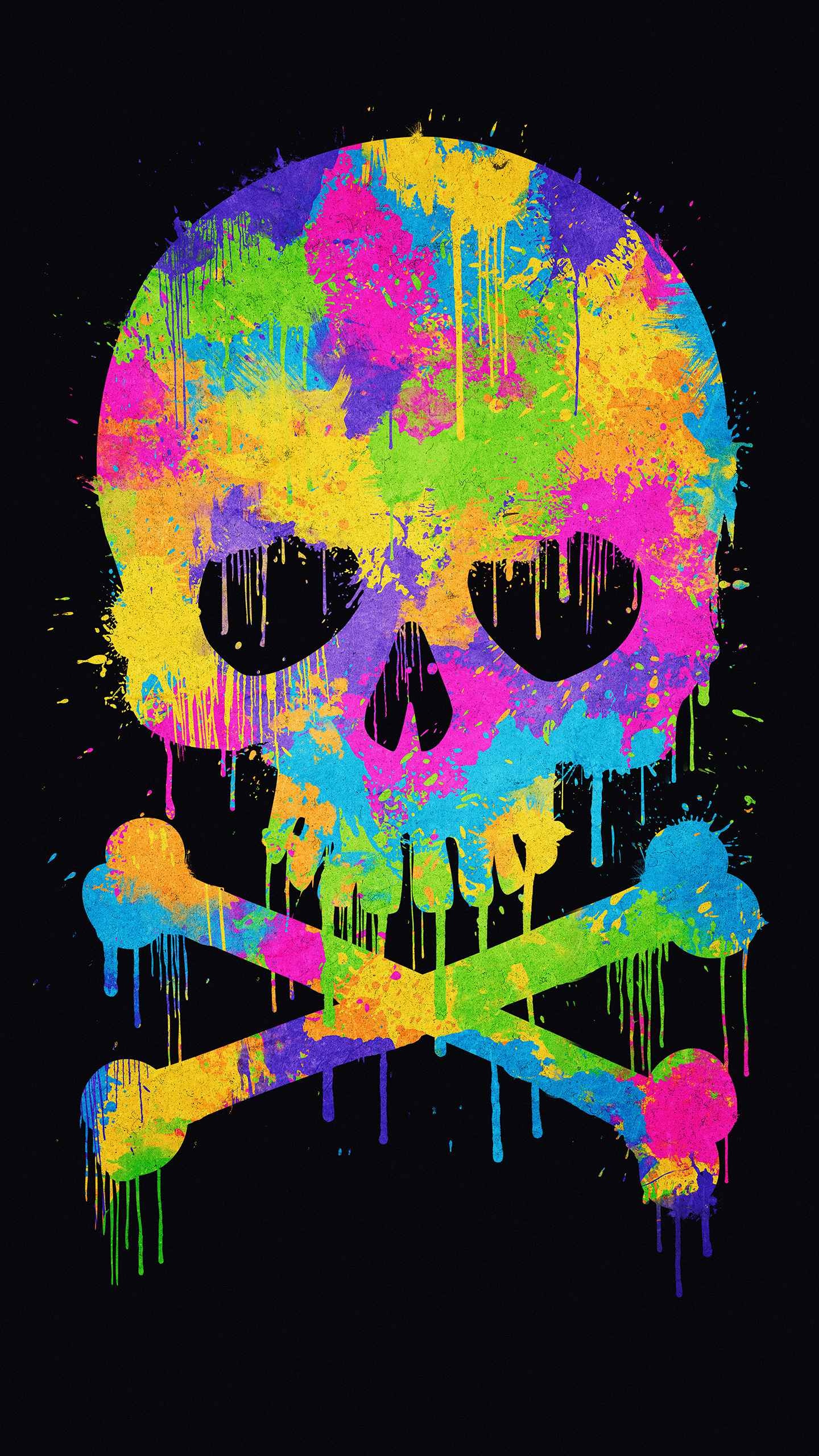 Paint-splatter skull and crossbones, Neon drip streaks, Crossed bones beneath skull, HD Phone wallpaper