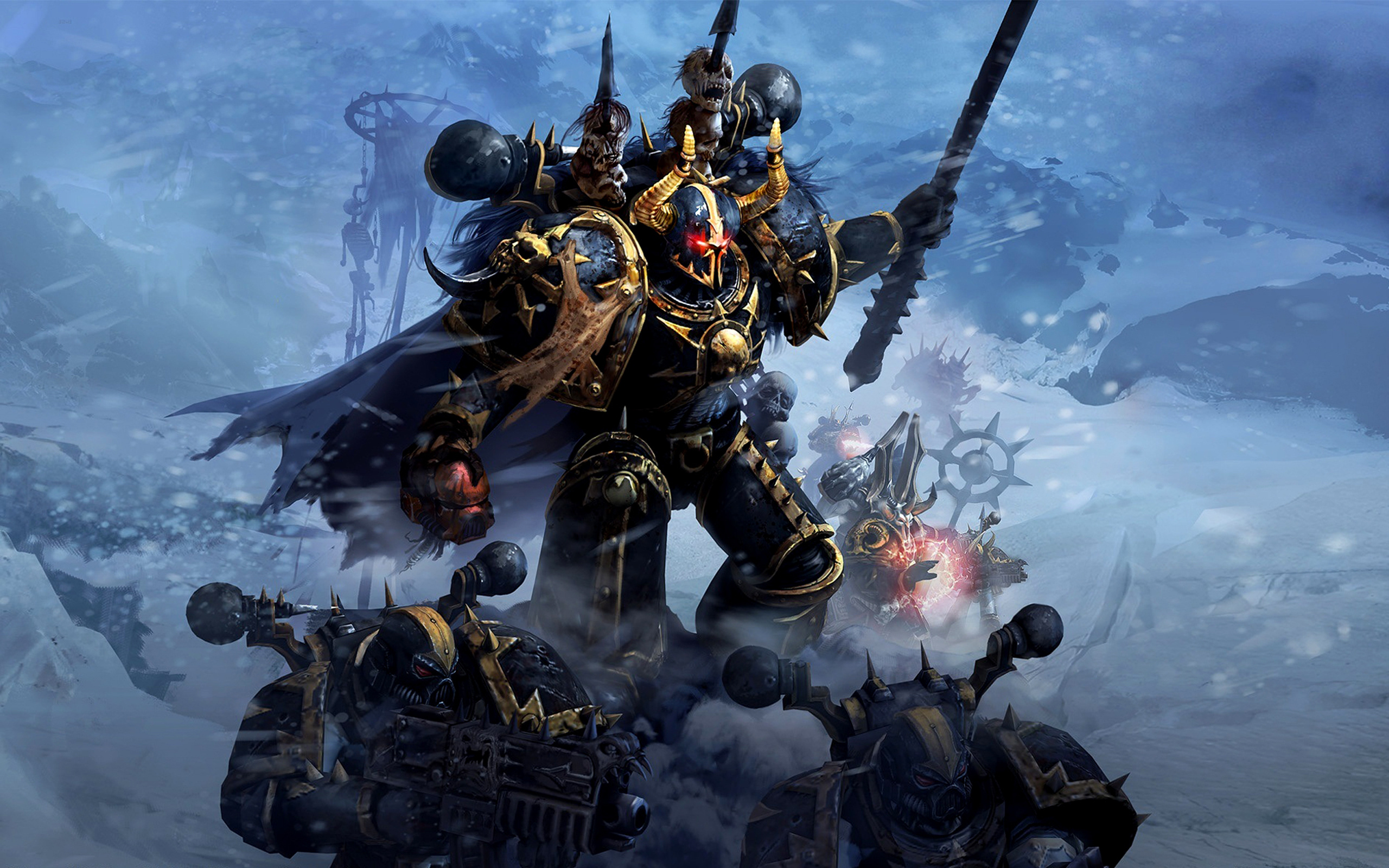 Black Legion Chaos Lord, Chaos Space Marines squad, Snowy mountain battlefield, HD Desktop wallpaper