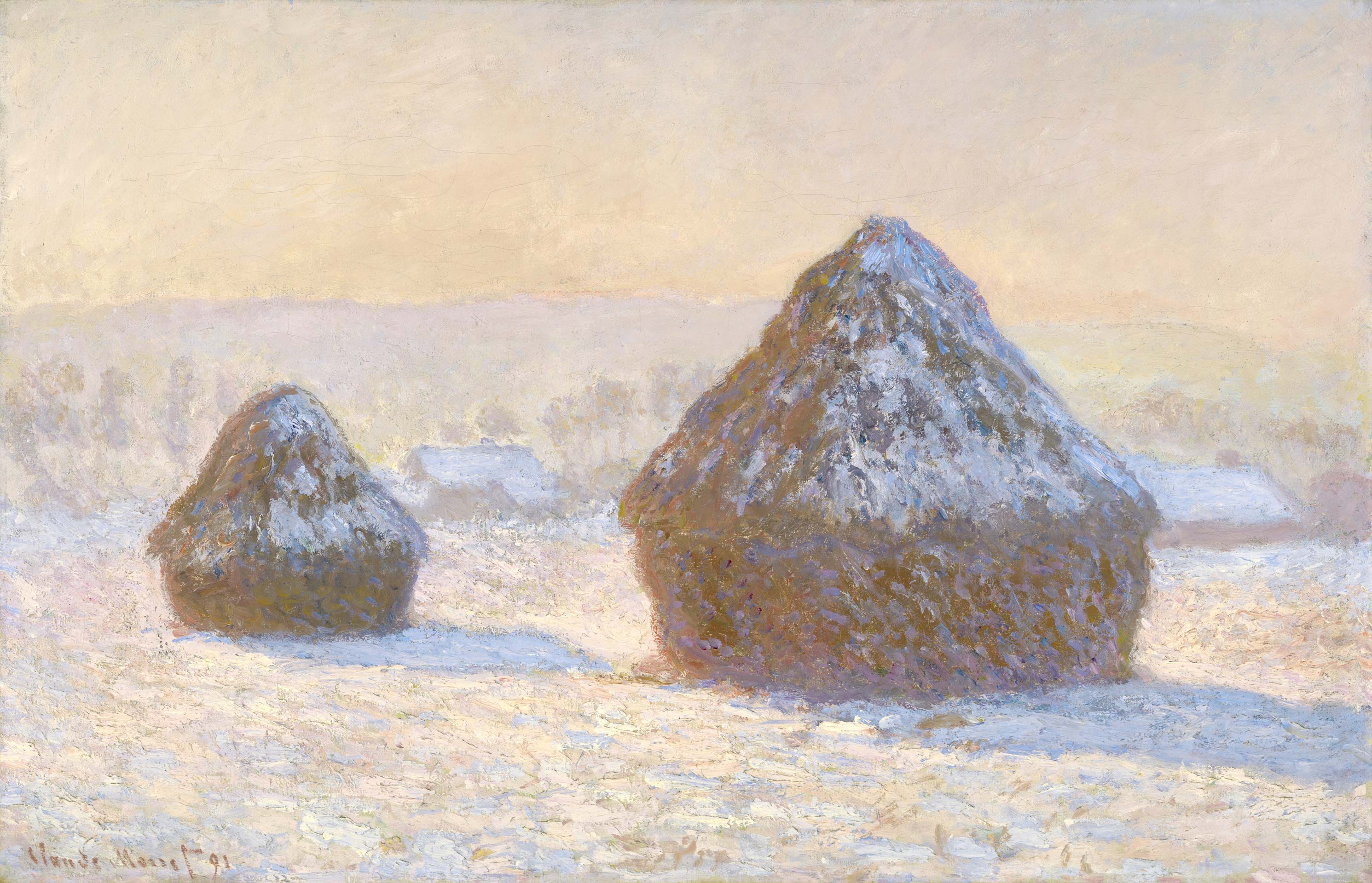 Wheatstacks, Snow Effect, Morning, snow-covered haystacks, Claude Monet signature, HD Desktop wallpaper