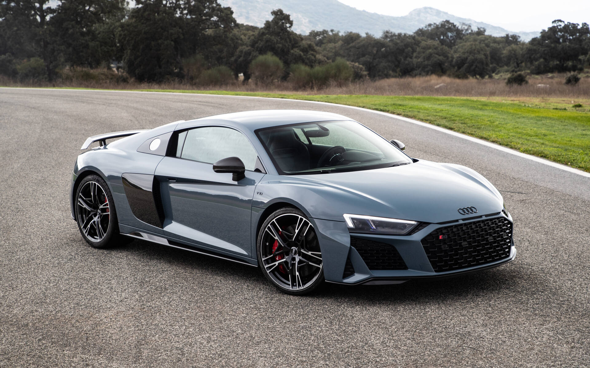 Audi R8 V10 performance, curved asphalt racetrack, wooded hillside background, HD Desktop wallpaper