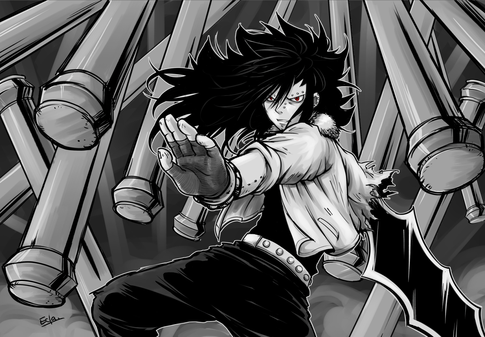 Gajeel Redfox, Fairy Tail anime, Selective coloring, Intense gaze, 1920x1340 HD Desktop