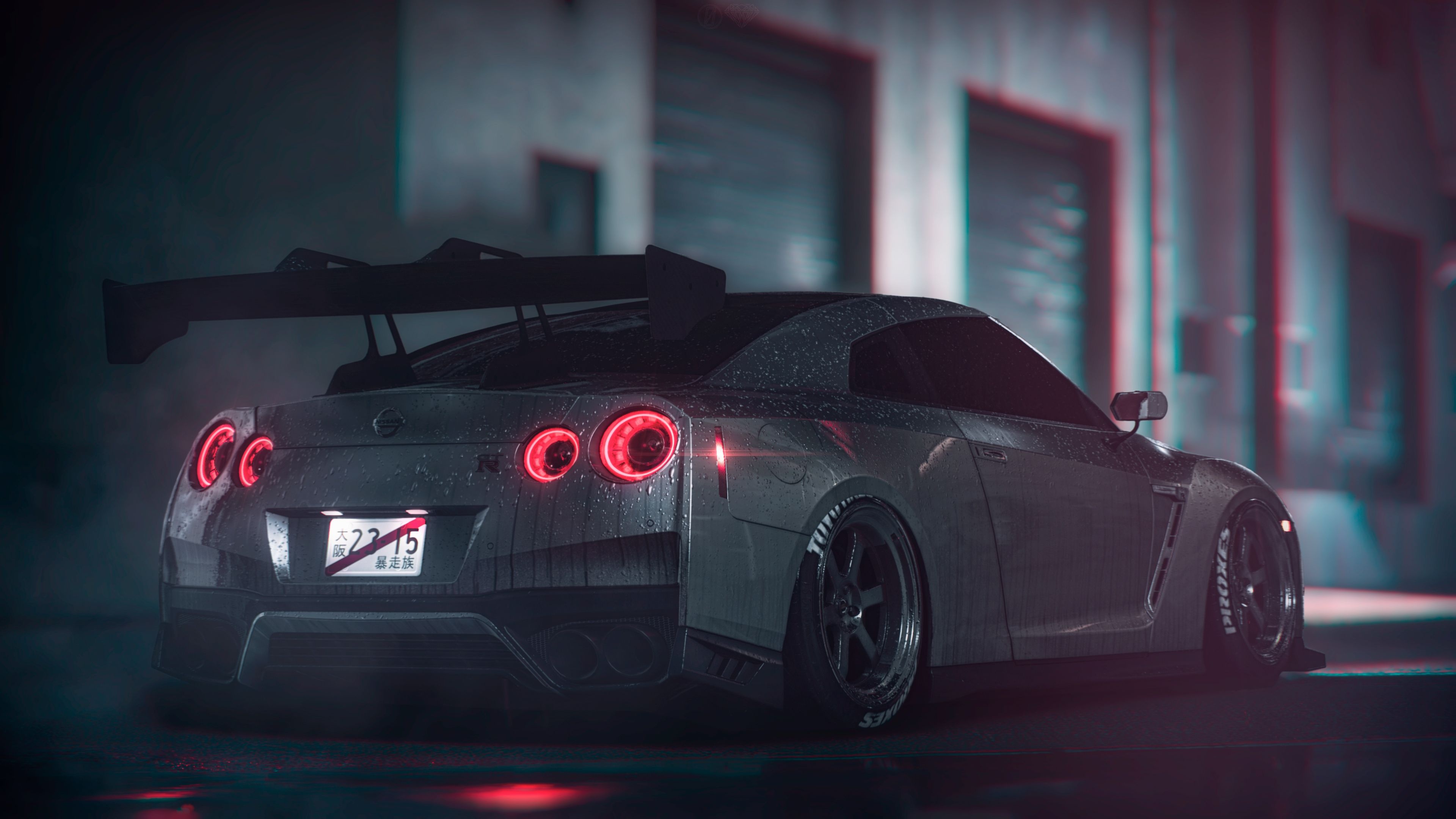 Nissan GT-R R35, large rear wing spoiler, rain-slicked urban alley, 4K Desktop wallpaper