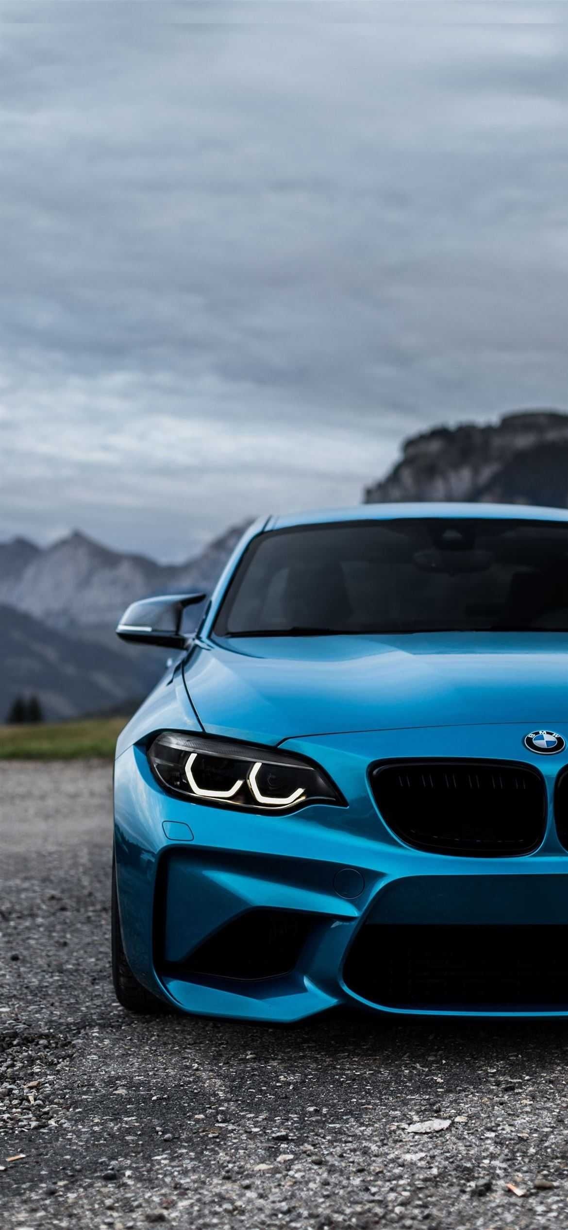 BMW M2 F87 Coupe, Long Beach Blue metallic paint, Alpine mountain scenery, HD Phone wallpaper