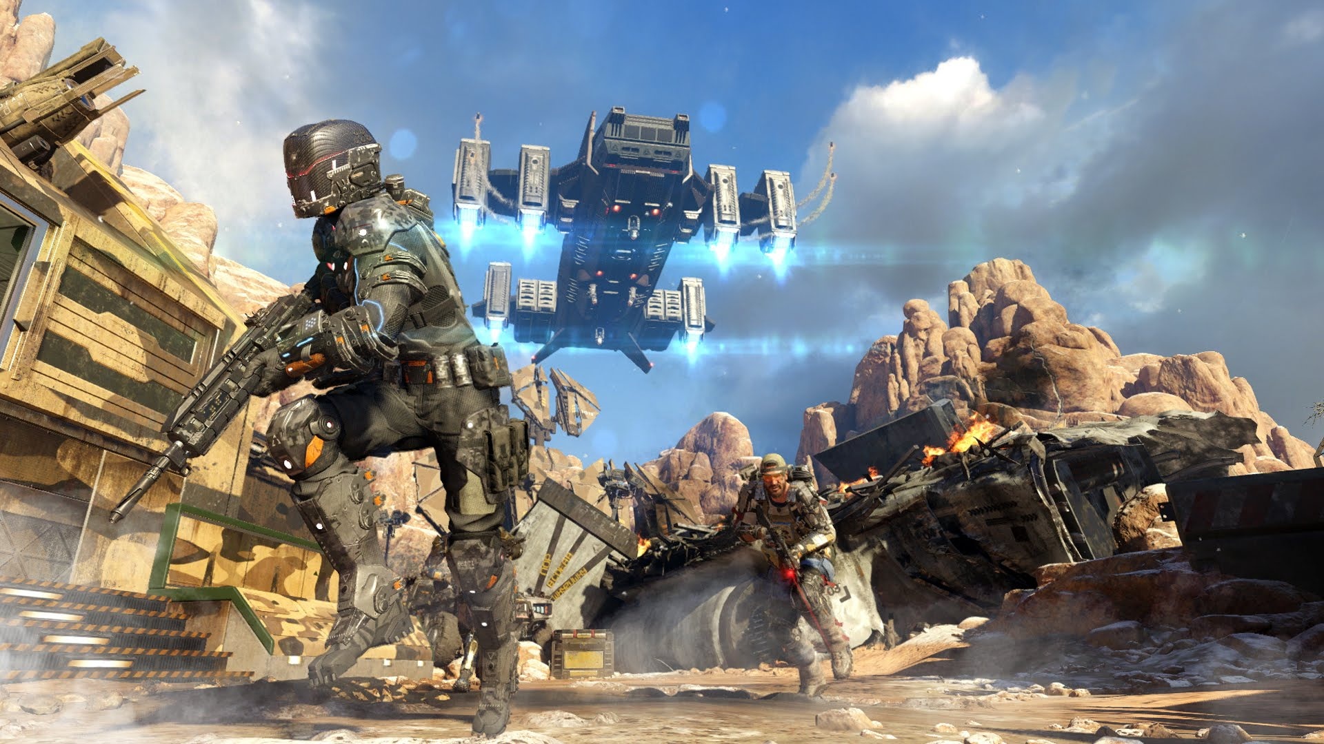 Call of Duty: Black Ops III soldier, Futuristic VTOL aircraft, Burning desert battlefield, Full HD Desktop wallpaper
