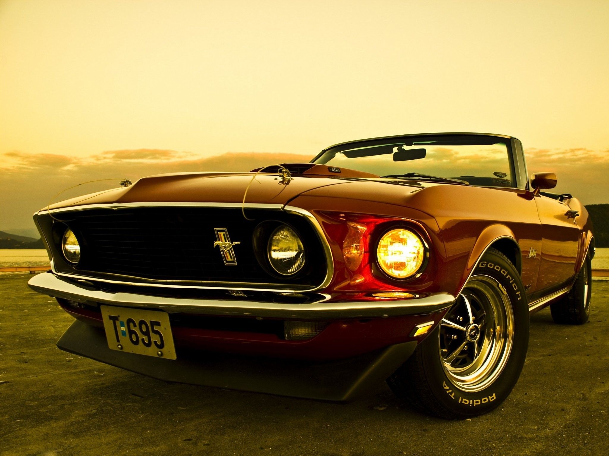 1969 Ford Mustang Convertible, BFGoodrich Radial T/A tires, Golden hour sunset sky, HD Desktop wallpaper