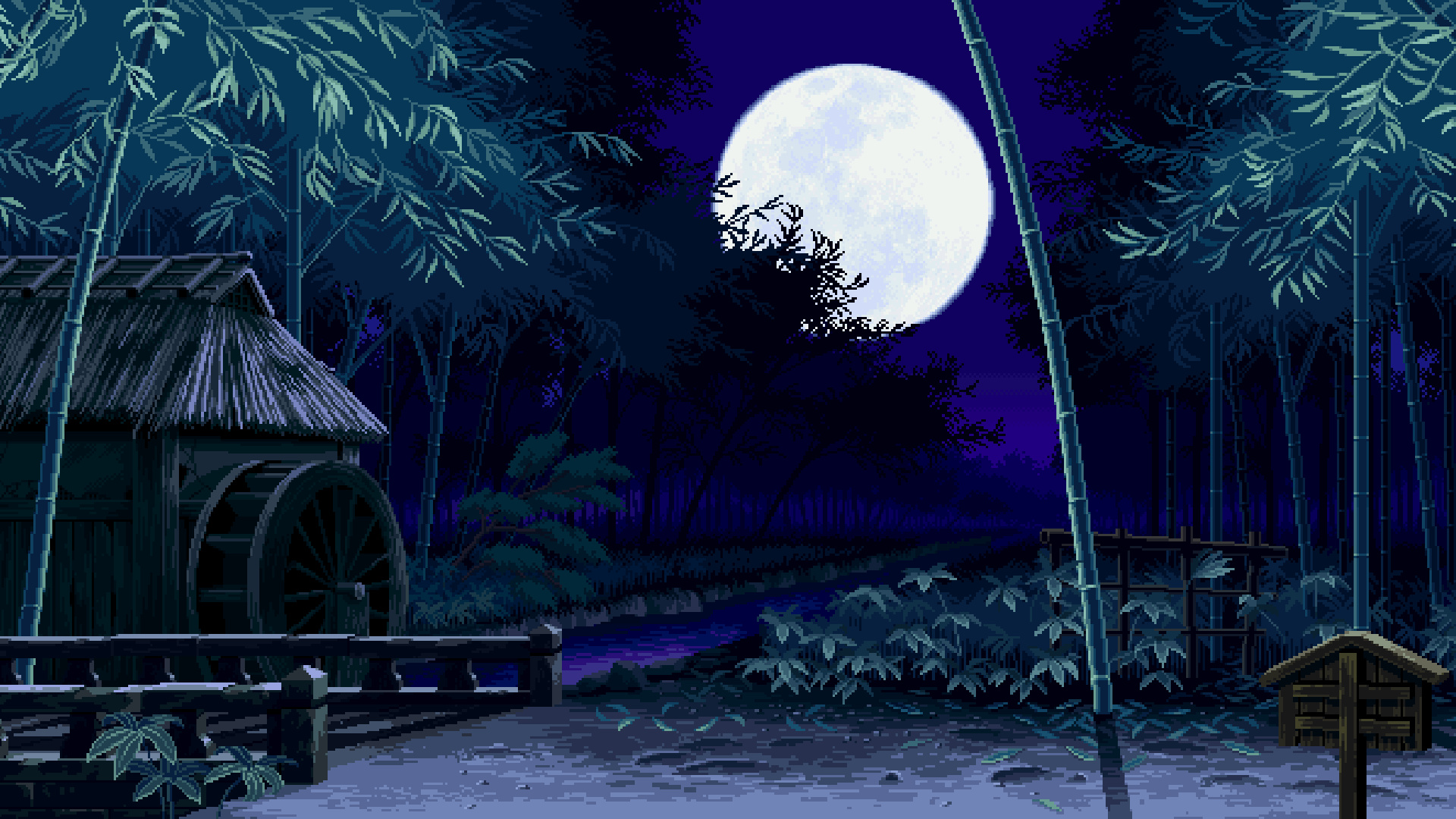 thatched Japanese watermill, night bamboo forest grove, luminous full moon, Full HD Desktop wallpaper