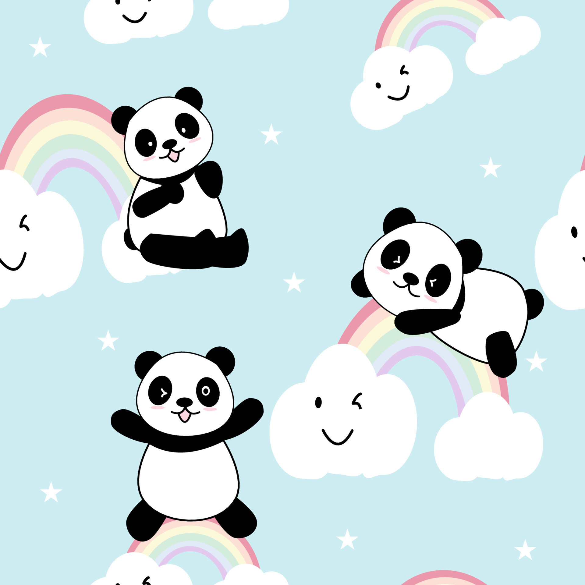 Cartoon giant pandas, Pastel rainbow arches, Smiling cartoon clouds, HD Phone wallpaper