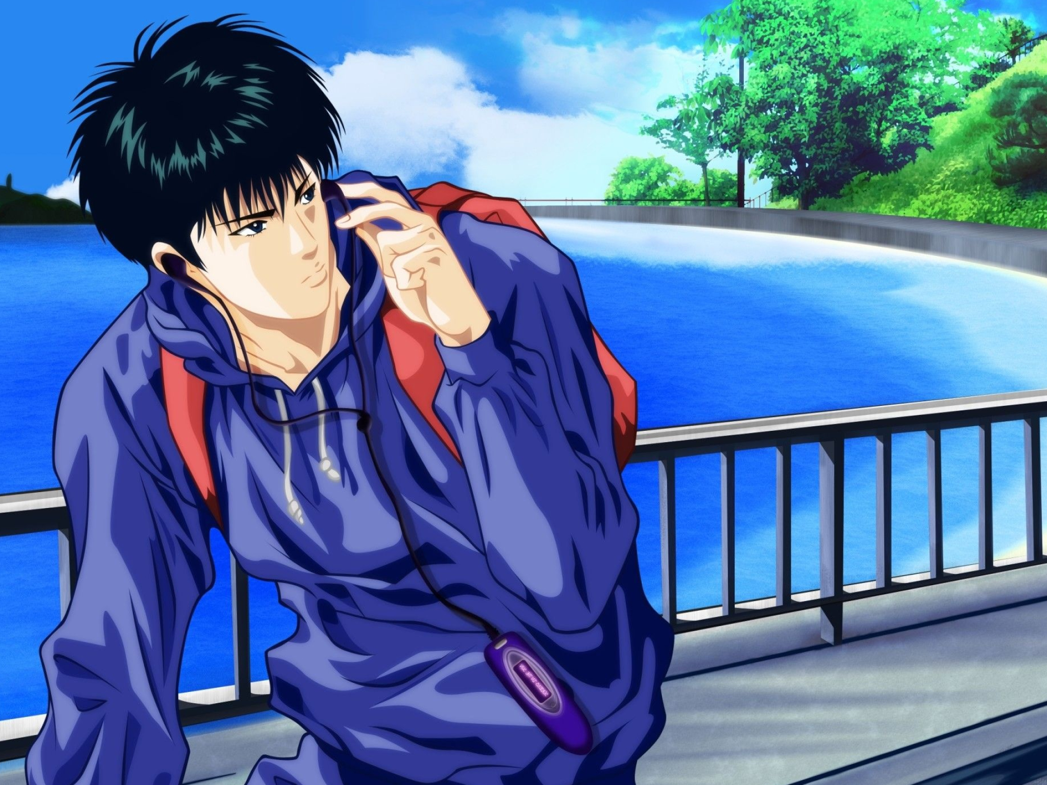 Kaede Rukawa, portable audio player, sunny coastal promenade, HD Desktop wallpaper