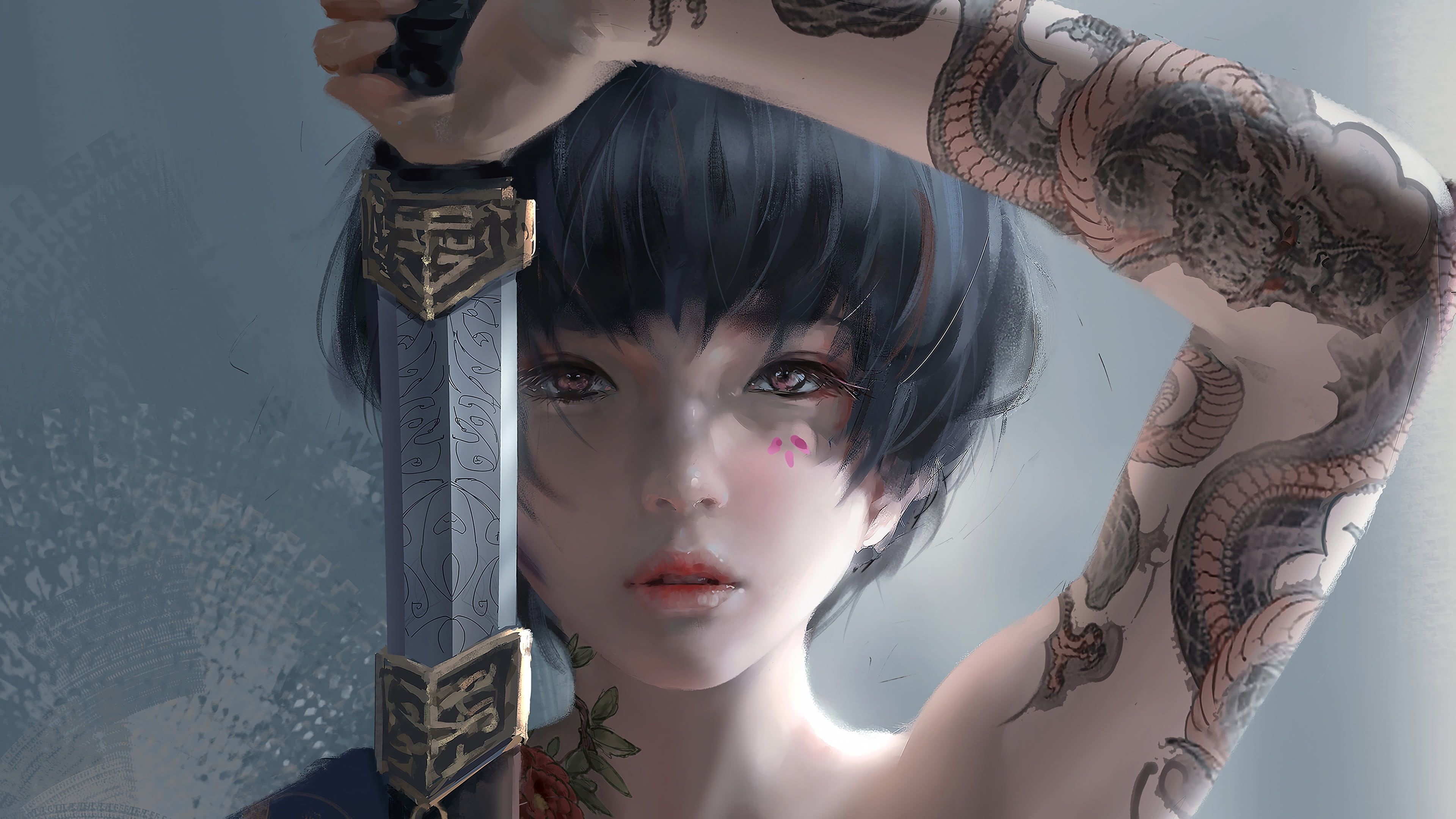 Tattooed samurai girl portrait, Engraved katana sword, Dragon sleeve tattoo, 4K Desktop wallpaper