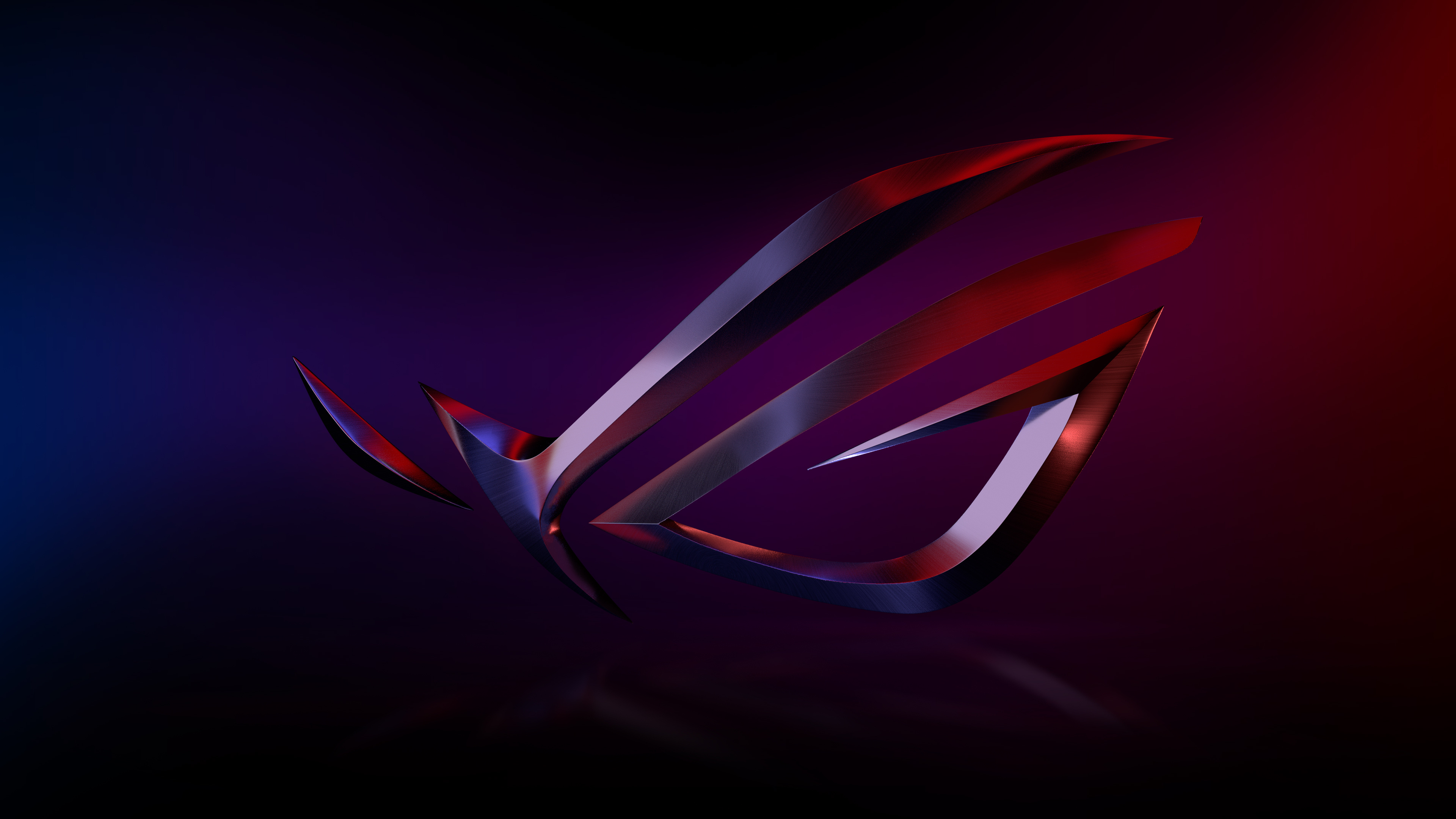 ASUS Republic of Gamers logo, Metallic sculpted emblem, Blue to red gradient backdrop, 4K Desktop wallpaper
