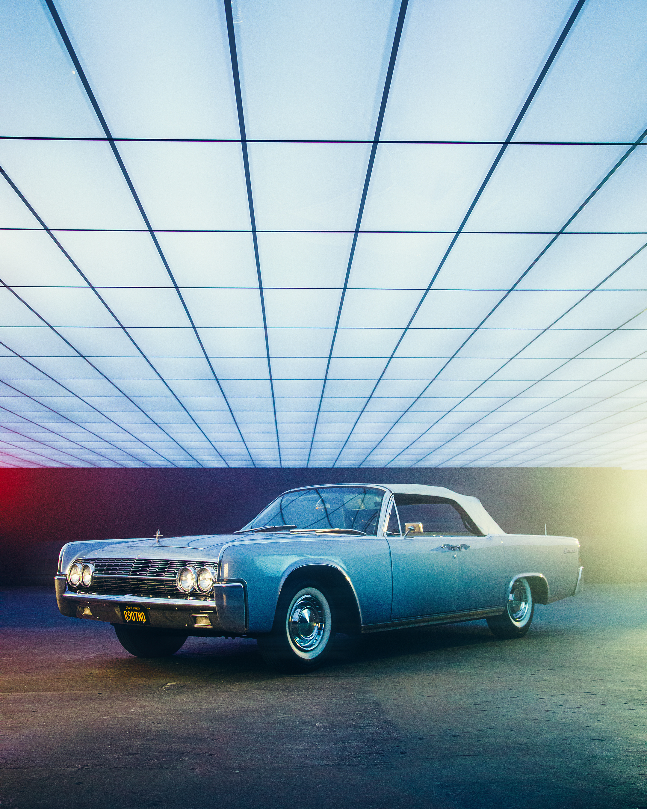 Lincoln Continental Convertible, illuminated ceiling grid, California license plate 8907NQ, HD Phone wallpaper