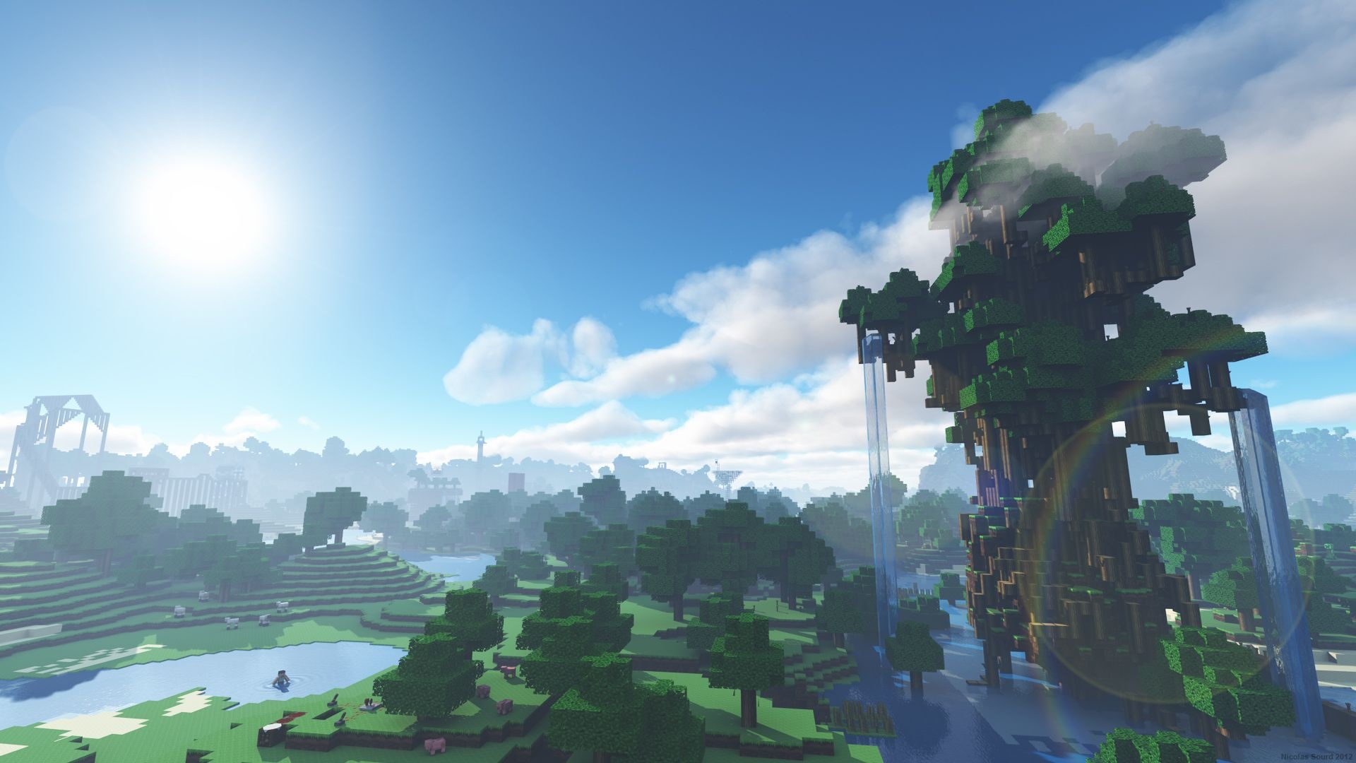 giant Minecraft tree, cascading voxel waterfalls, sunny Minecraft plains, Full HD Desktop wallpaper