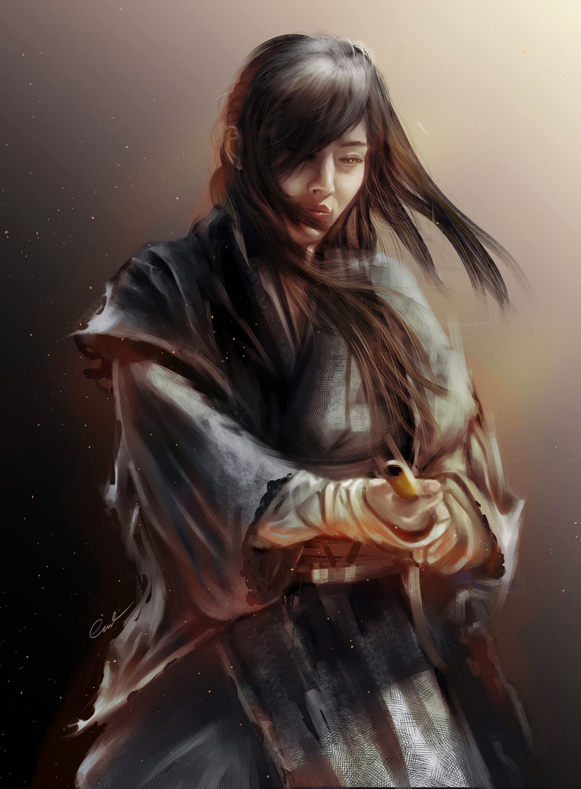 Female samurai warrior, Katana sword hilt, Traditional dark kimono, HD Phone wallpaper