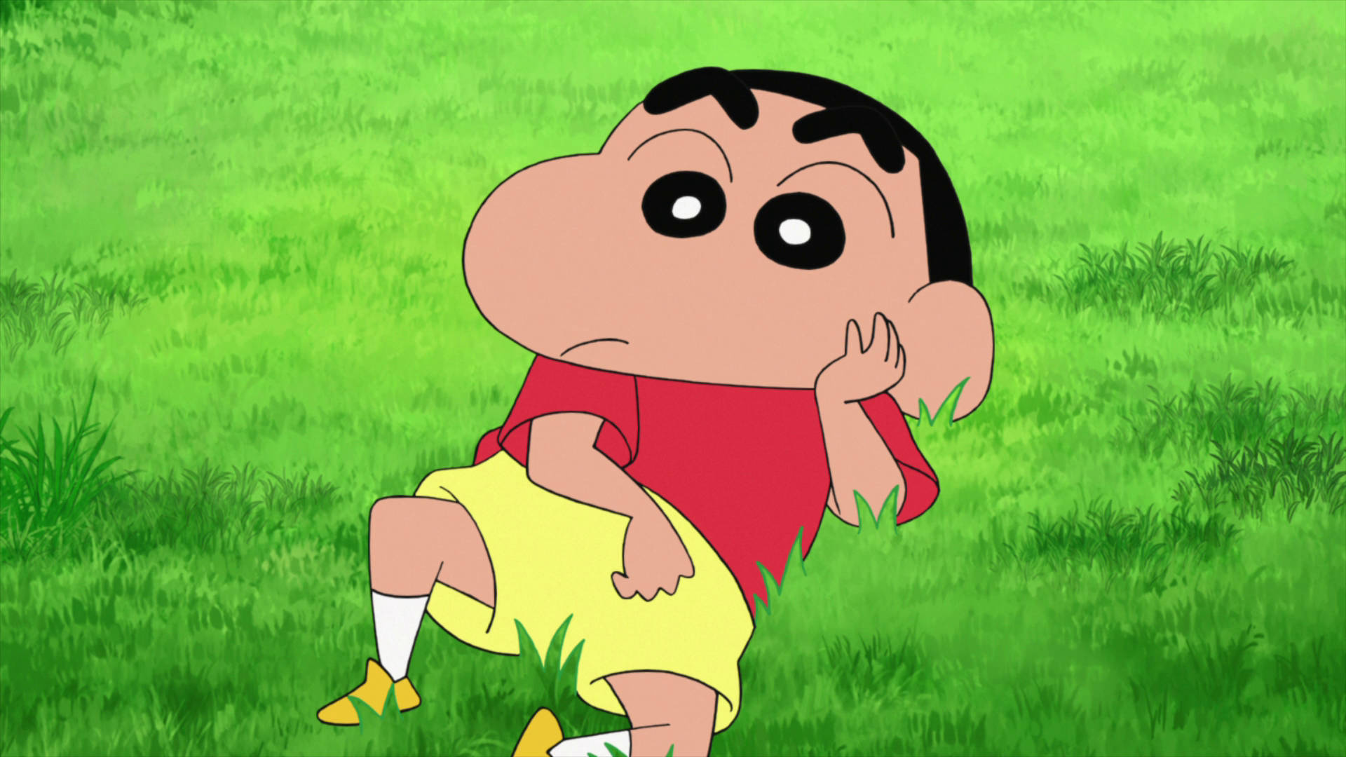 Shinnosuke Nohara, green grass field, red shirt yellow shorts, Full HD Desktop wallpaper