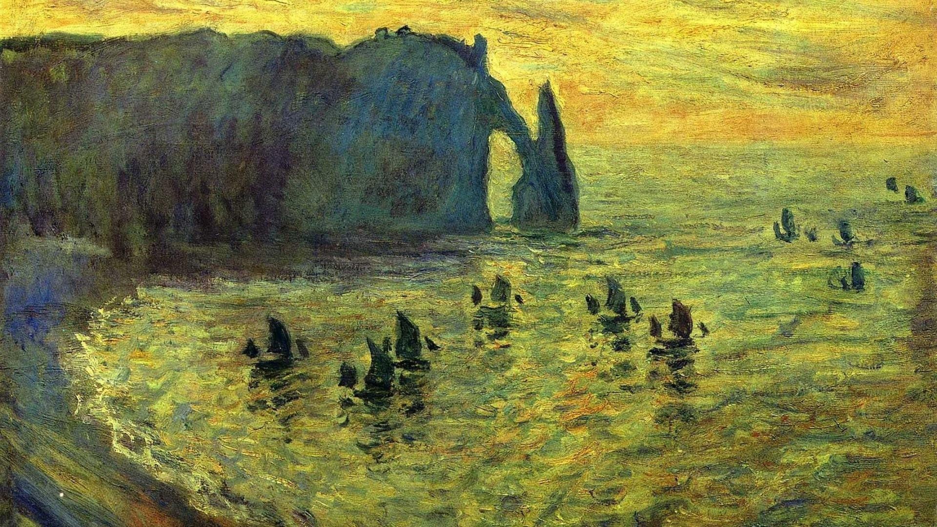 Porte d'Aval Etretat, L'Aiguille needle rock, fishing boats on sea, Full HD Desktop wallpaper