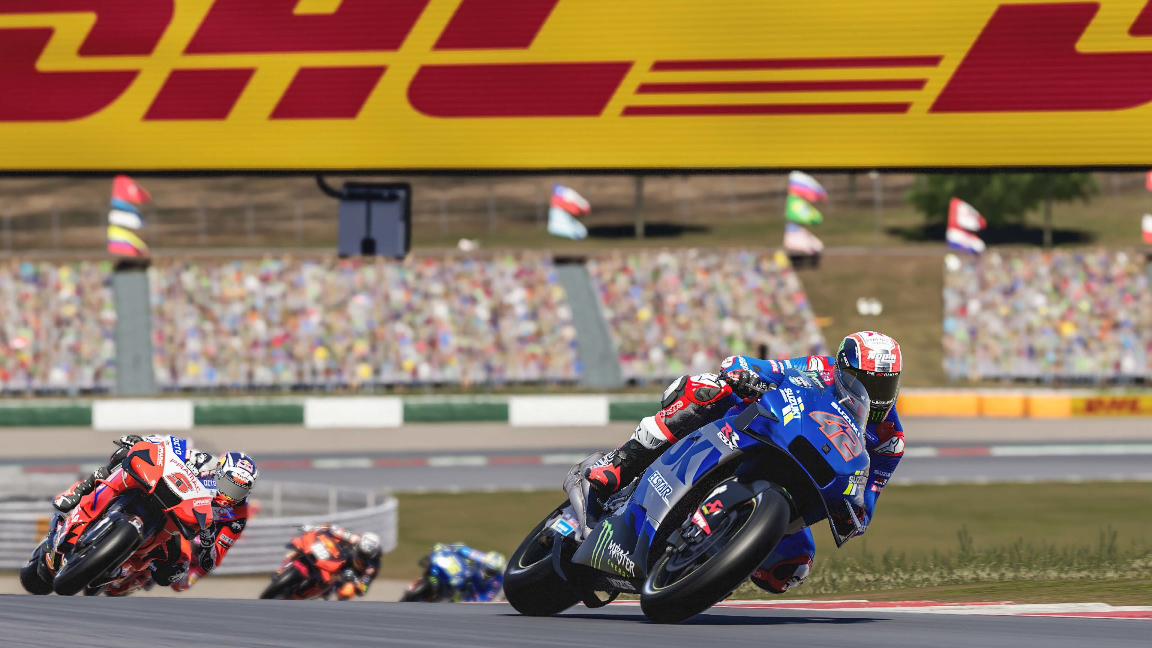 Álex Rins Suzuki GSX-RR, Pramac Racing Ducati bike, DHL trackside overhead banner, 4K Desktop wallpaper