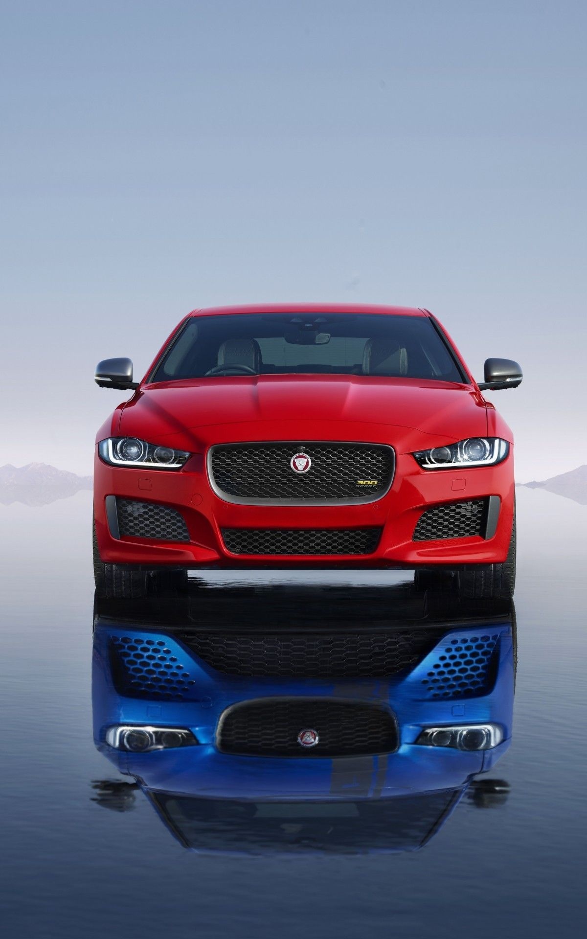 Jaguar XE 300 Sport, blue car reflection, salt flat lake, HD Phone wallpaper