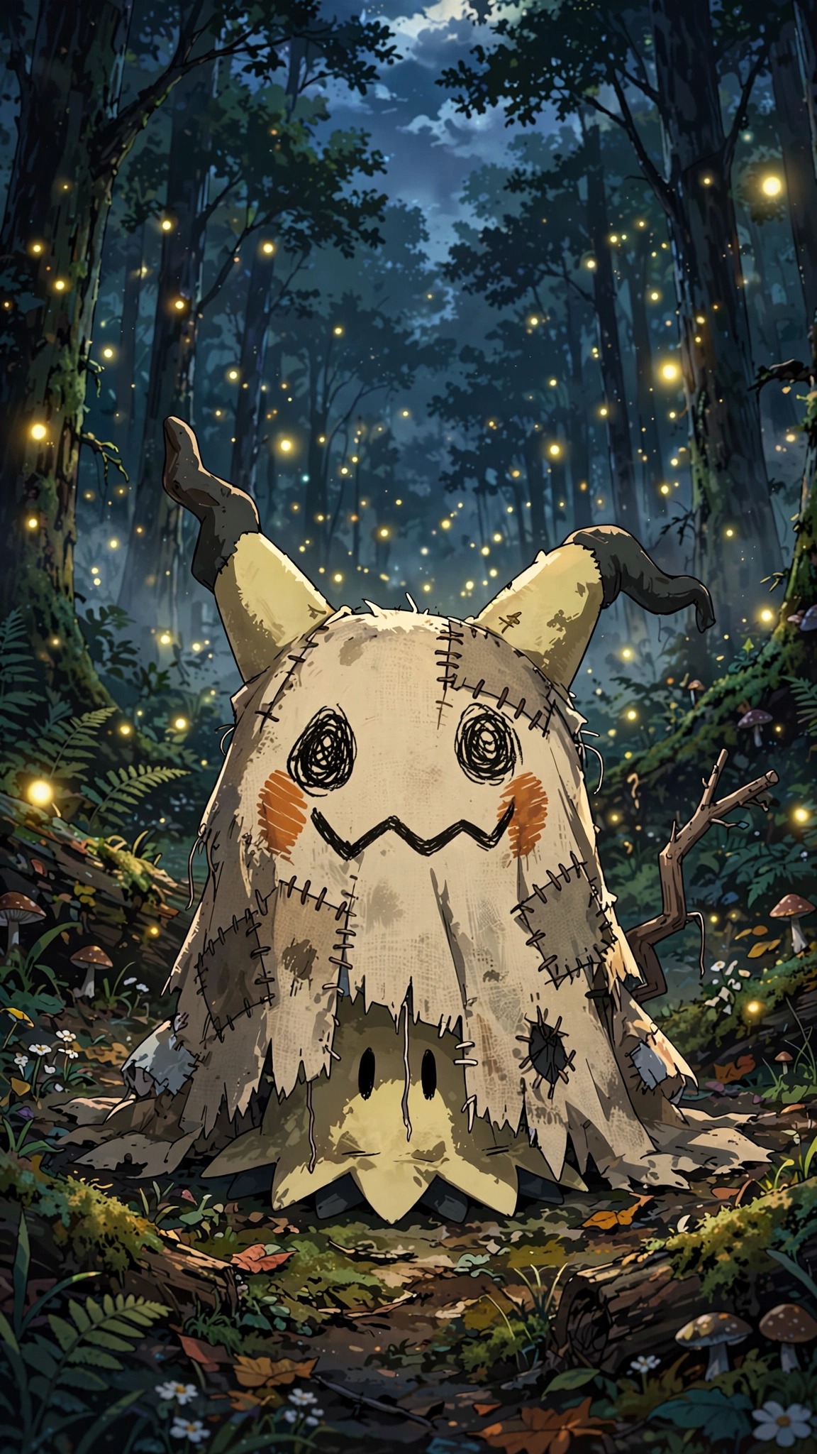 Mimikyu, Pikachu disguise, Dark forest clearing, Fireflies, Alola, HD Phone wallpaper