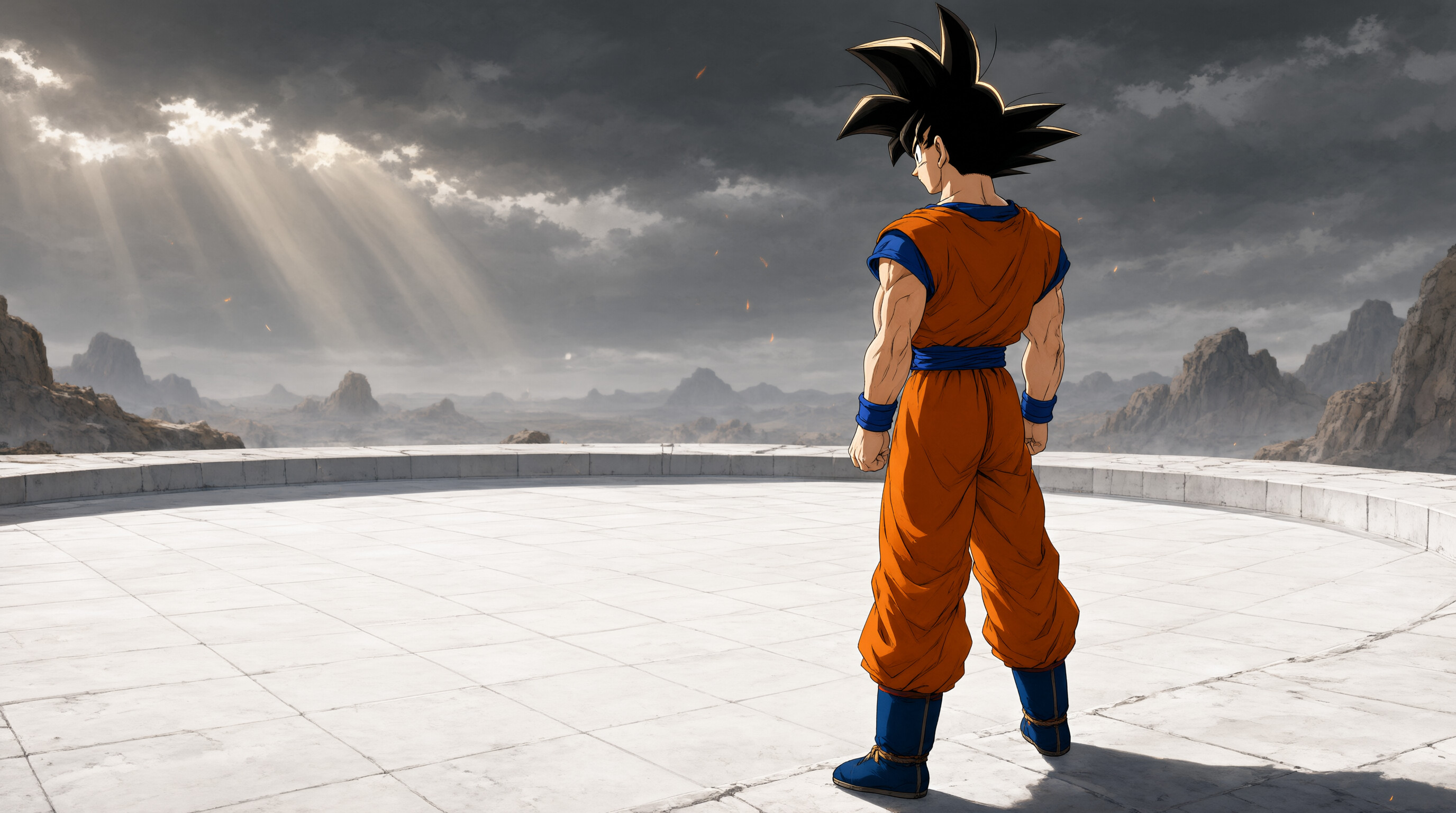 Goku, Cell Games arena, White tiled ring, Overcast sky, Distant mountains, Dragon Ball Z, HD Desktop wallpaper