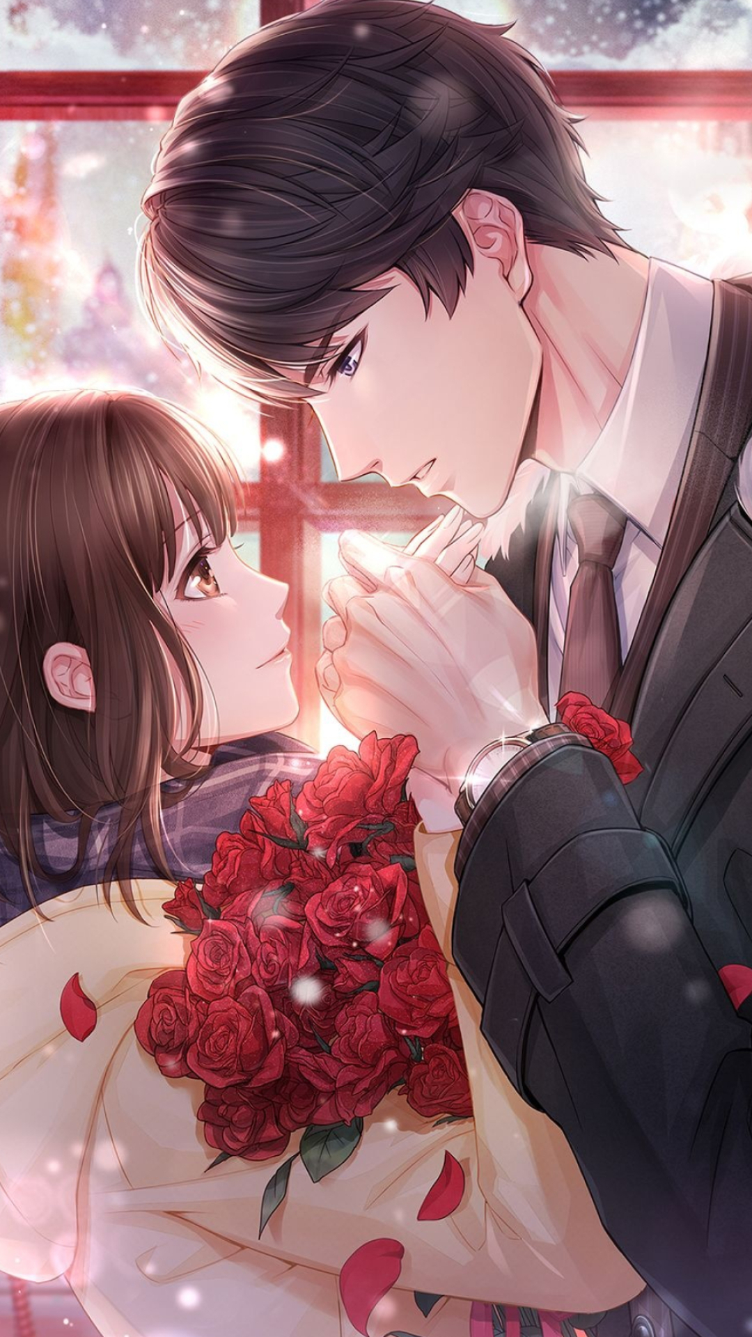 Victor Mr Love Queen's Choice, red roses bouquet, romantic anime couple, Full HD Phone wallpaper