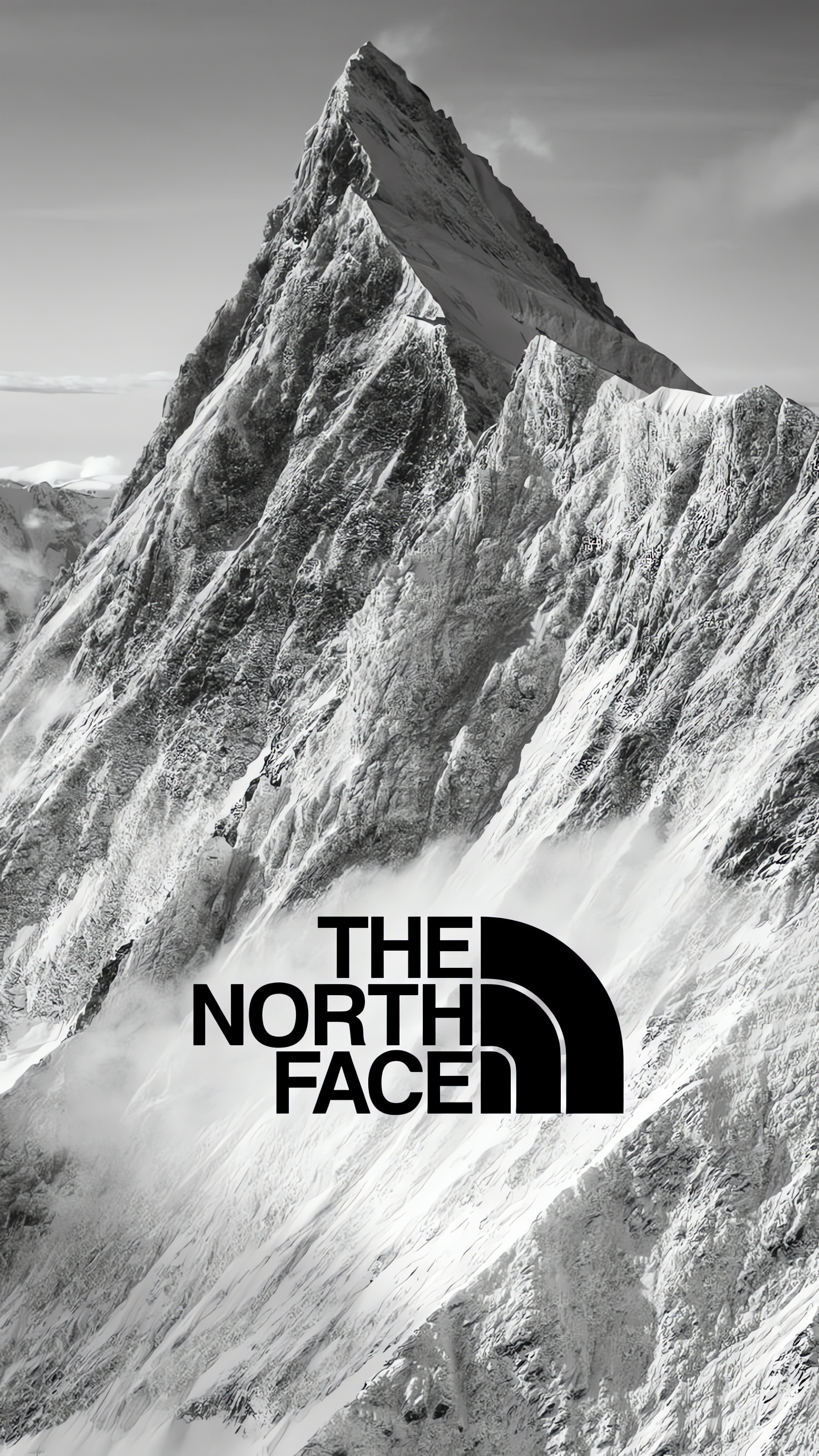 The North Face Logo, Mountain Peak, Snowy Ridge Photo, Monochrome, Phone Wallpaper
