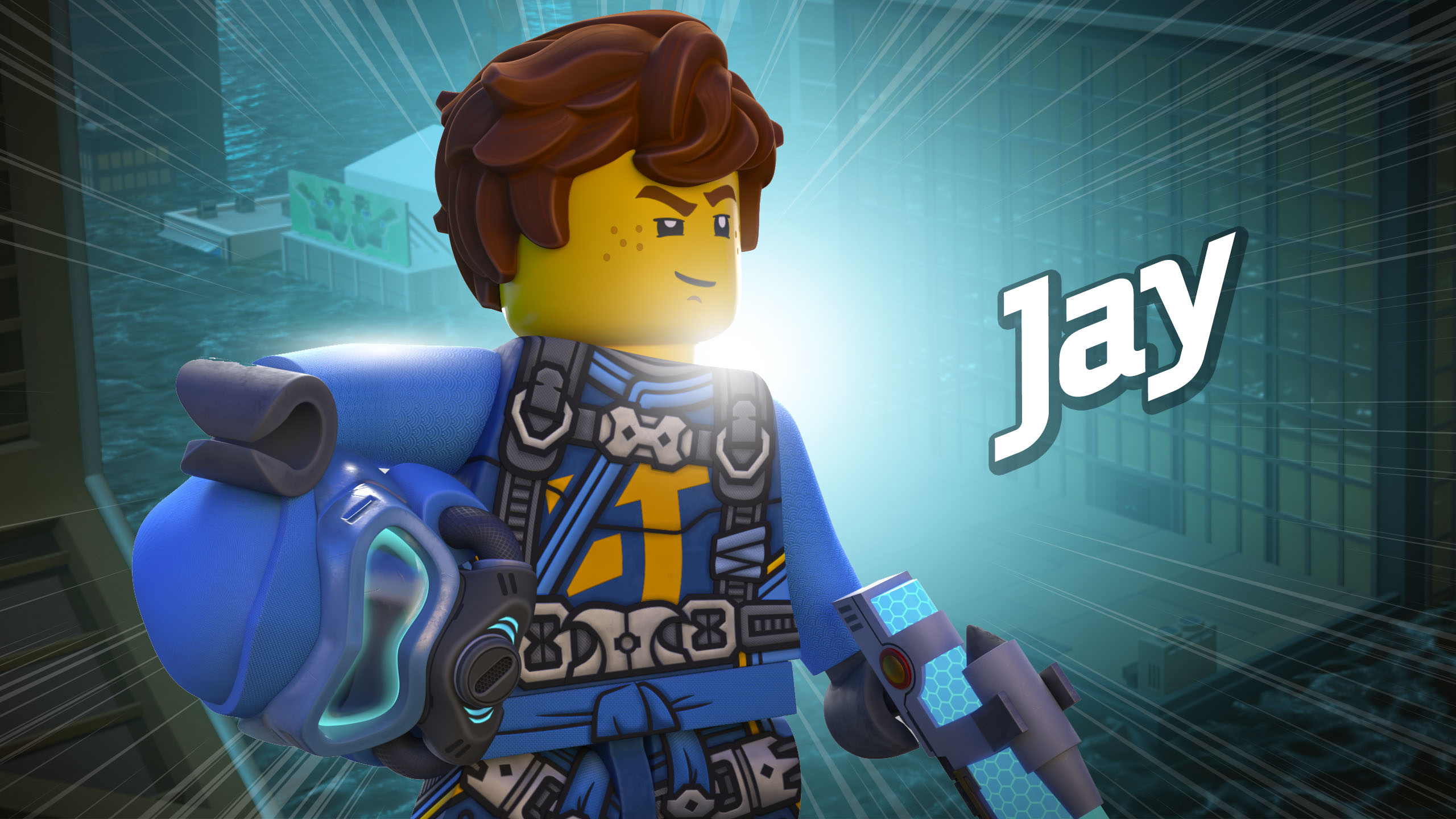 Jay the lightning ninja, Blue jetpack with blaster, Ninjago city at night, HD Desktop wallpaper